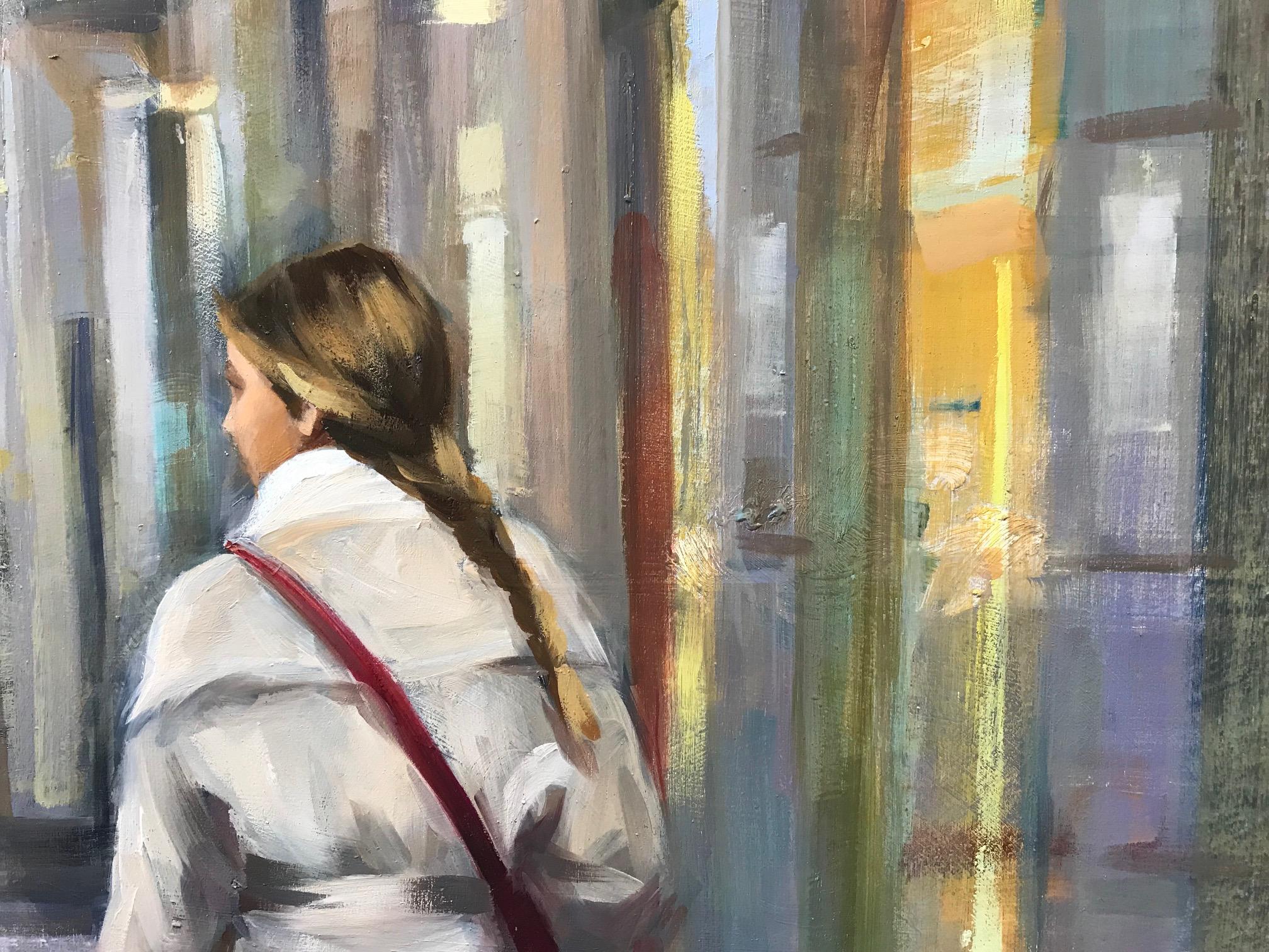 ''After the Rain'' Contemporary Oil Painting of Girl Wandering through Barcelona For Sale 1
