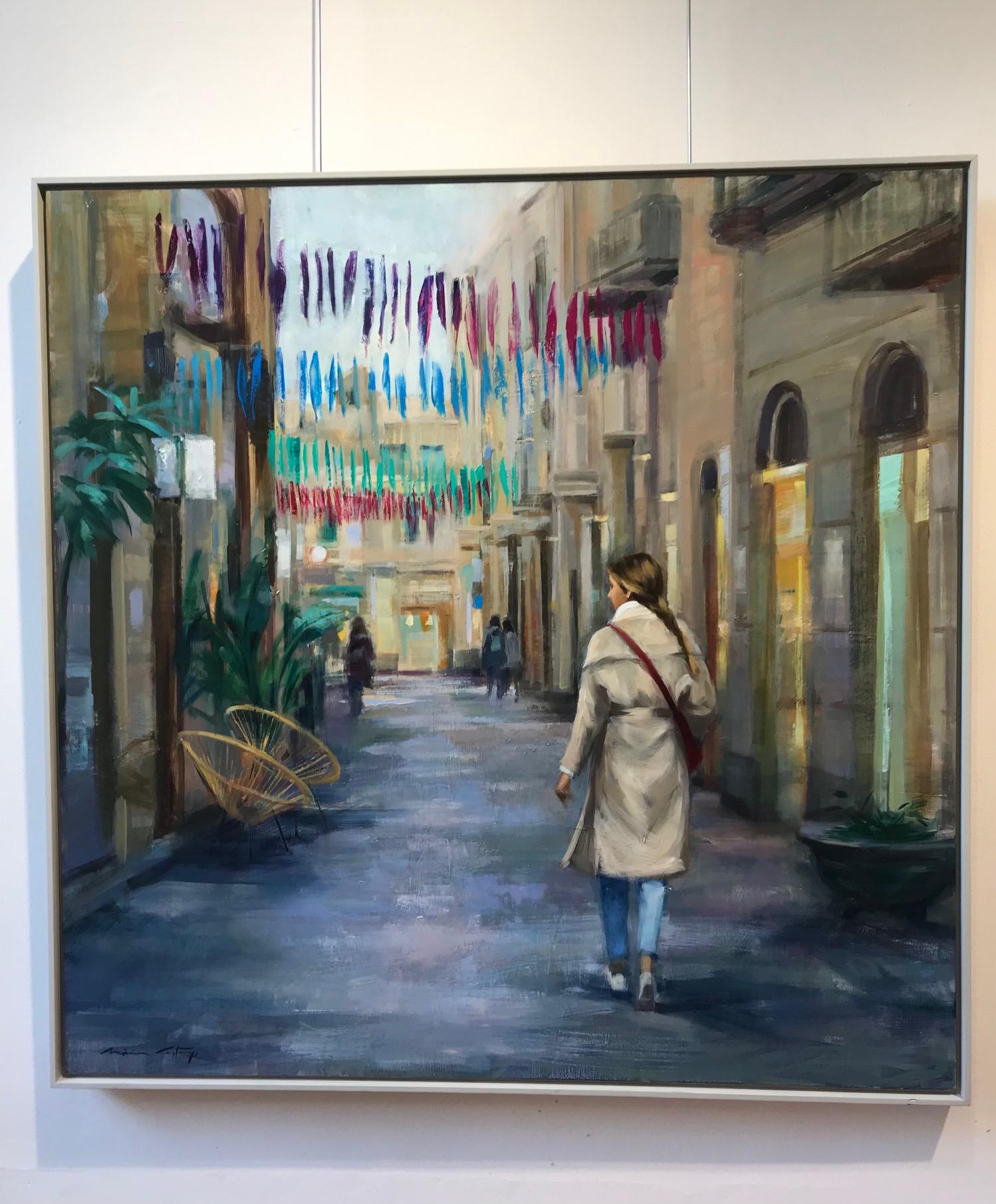 ''After the Rain'' Contemporary Oil Painting of Girl Wandering through Barcelona For Sale 4