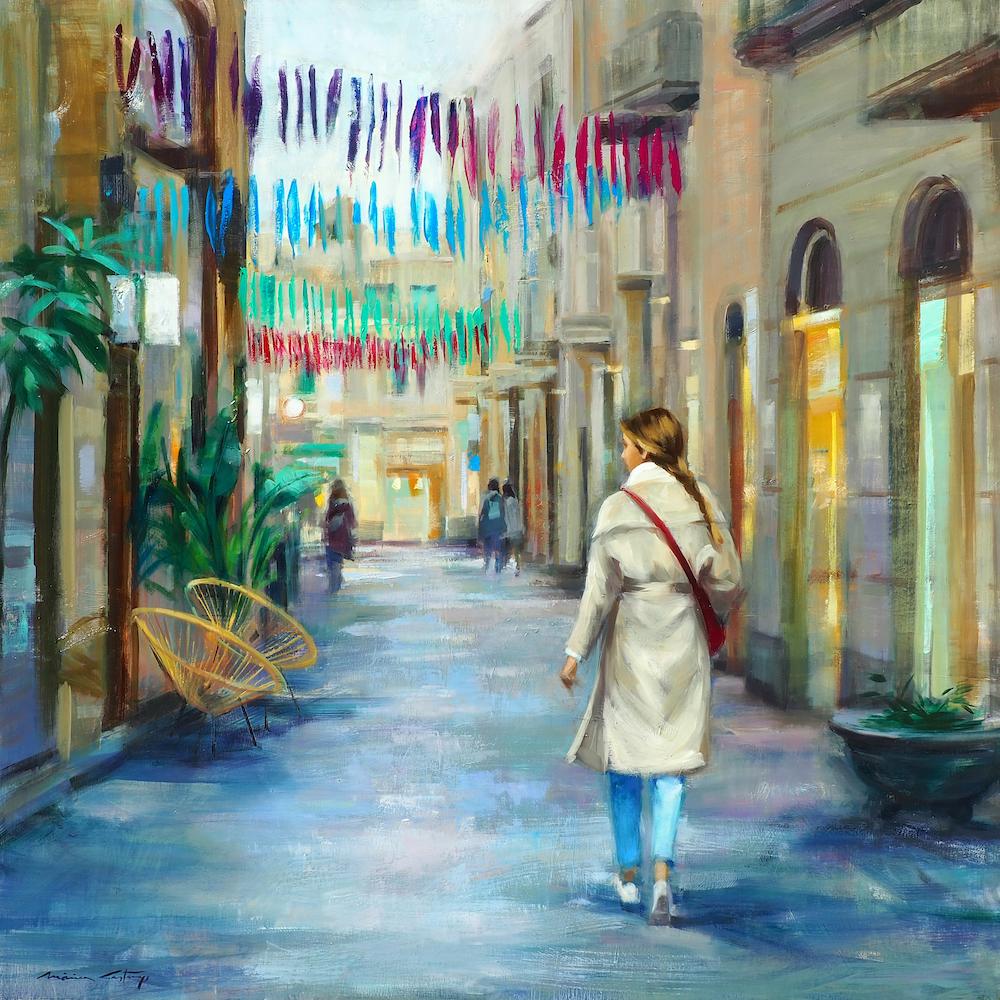 Mónica Castanys Figurative Painting - ''After the Rain'' Contemporary Oil Painting of Girl Wandering through Barcelona