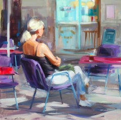 ''Avant le dîner'' Peinture à l'huile contemporaine d'une fille sur une terrasse au soleil