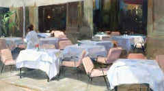 ''Before Service'' Contemporary Oil Painting of a Sunny Terrace with Pink Chairs