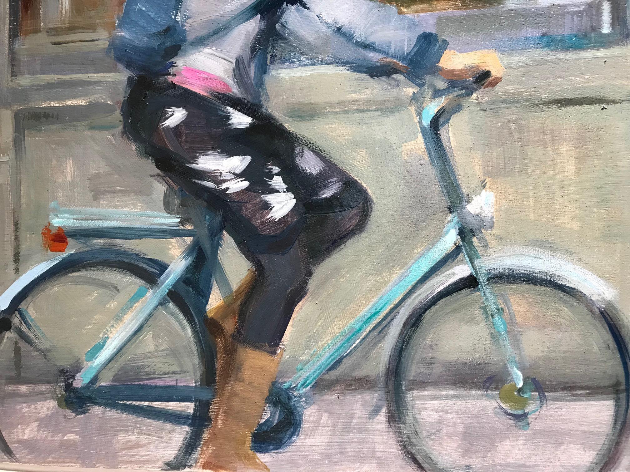 ''Everyday'' Contemporary Oil Painting of a Girl on a Green Bike For Sale 2