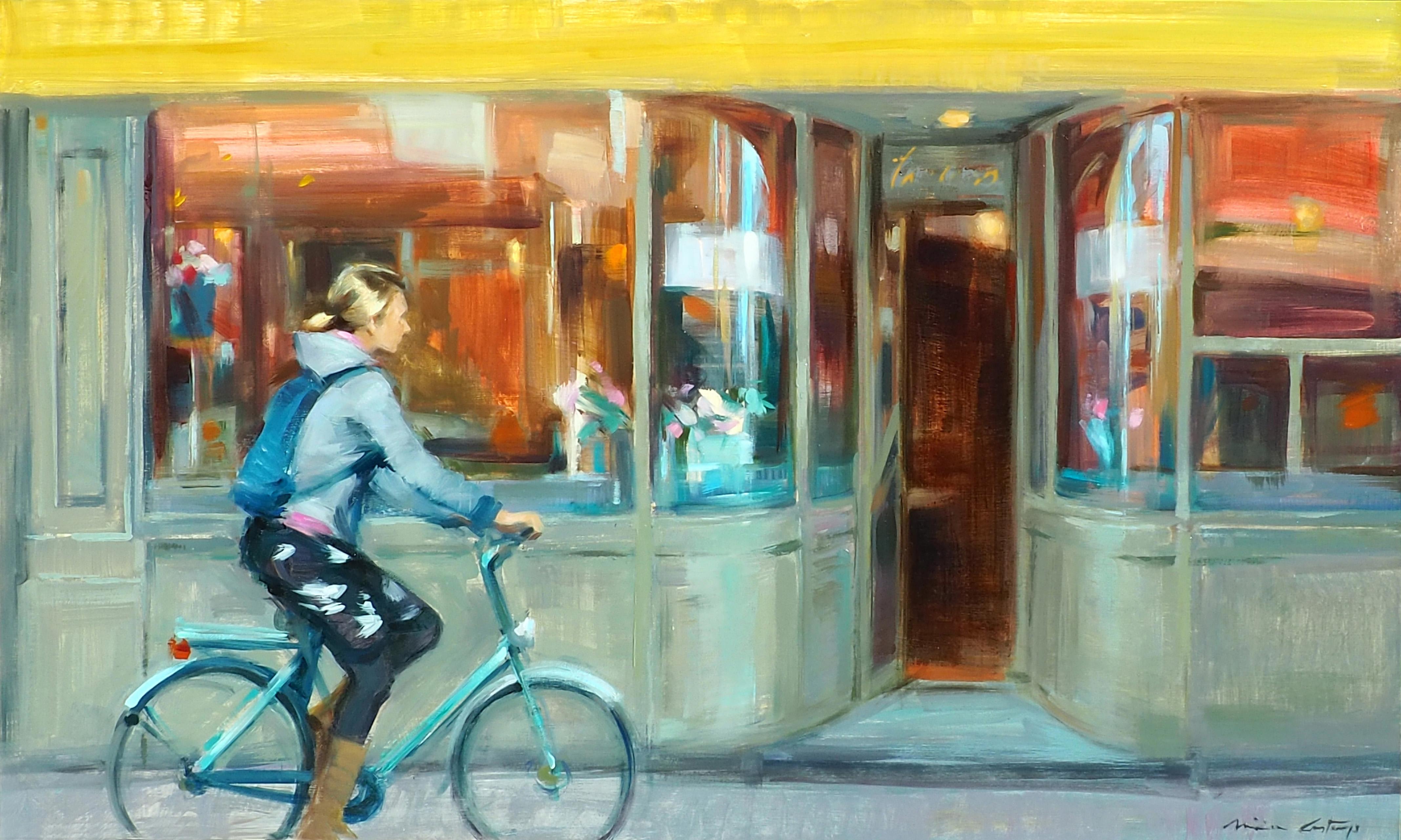 ''Everyday'' Peinture à l'huile contemporaine d'une fille sur un vélo vert