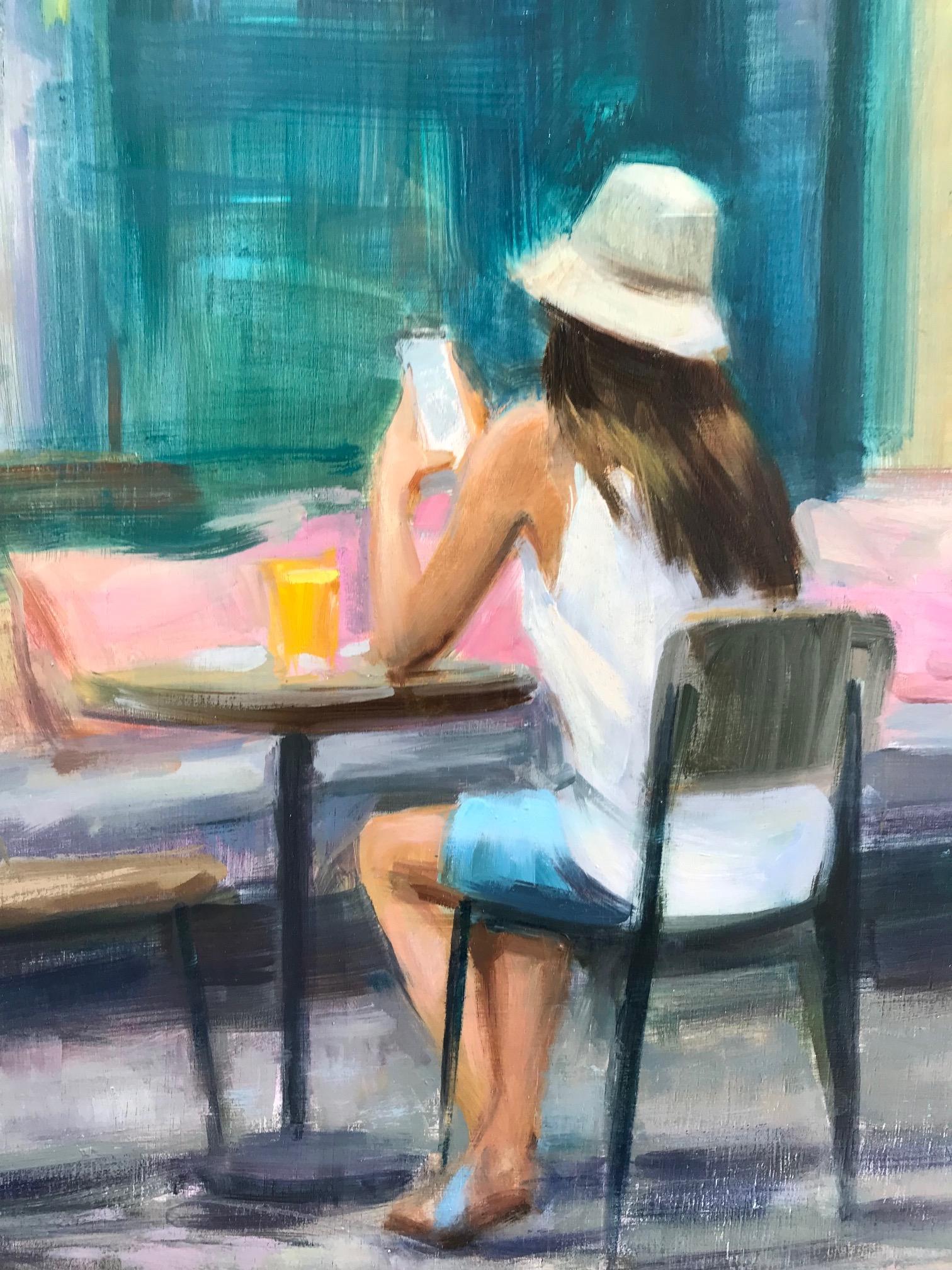 ''Game of Light'' Contemporary Oil Painting of a Girl on a Terrace in the Sun 1