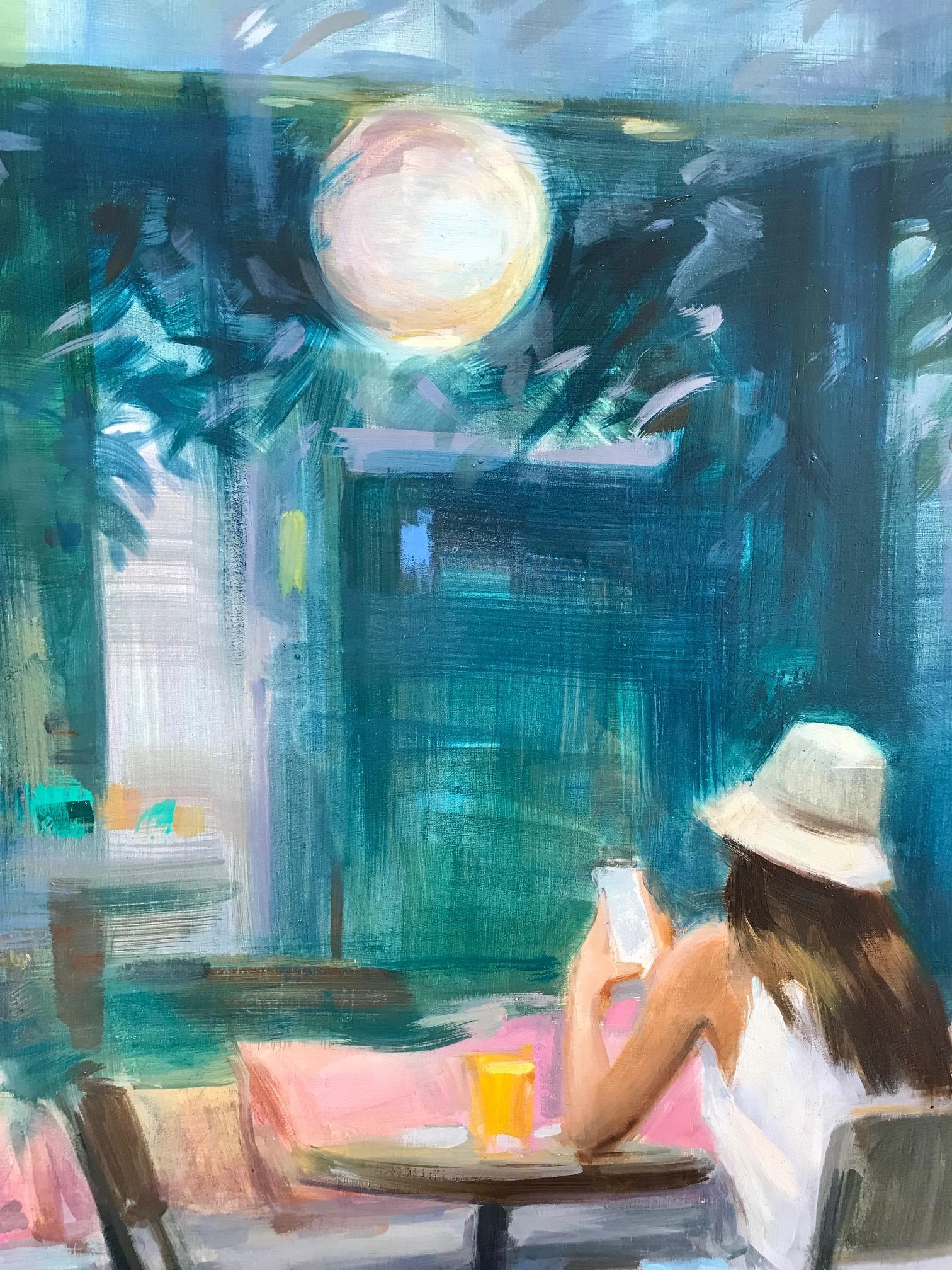 ''Game of Light'' Contemporary Oil Painting of a Girl on a Terrace in the Sun 2