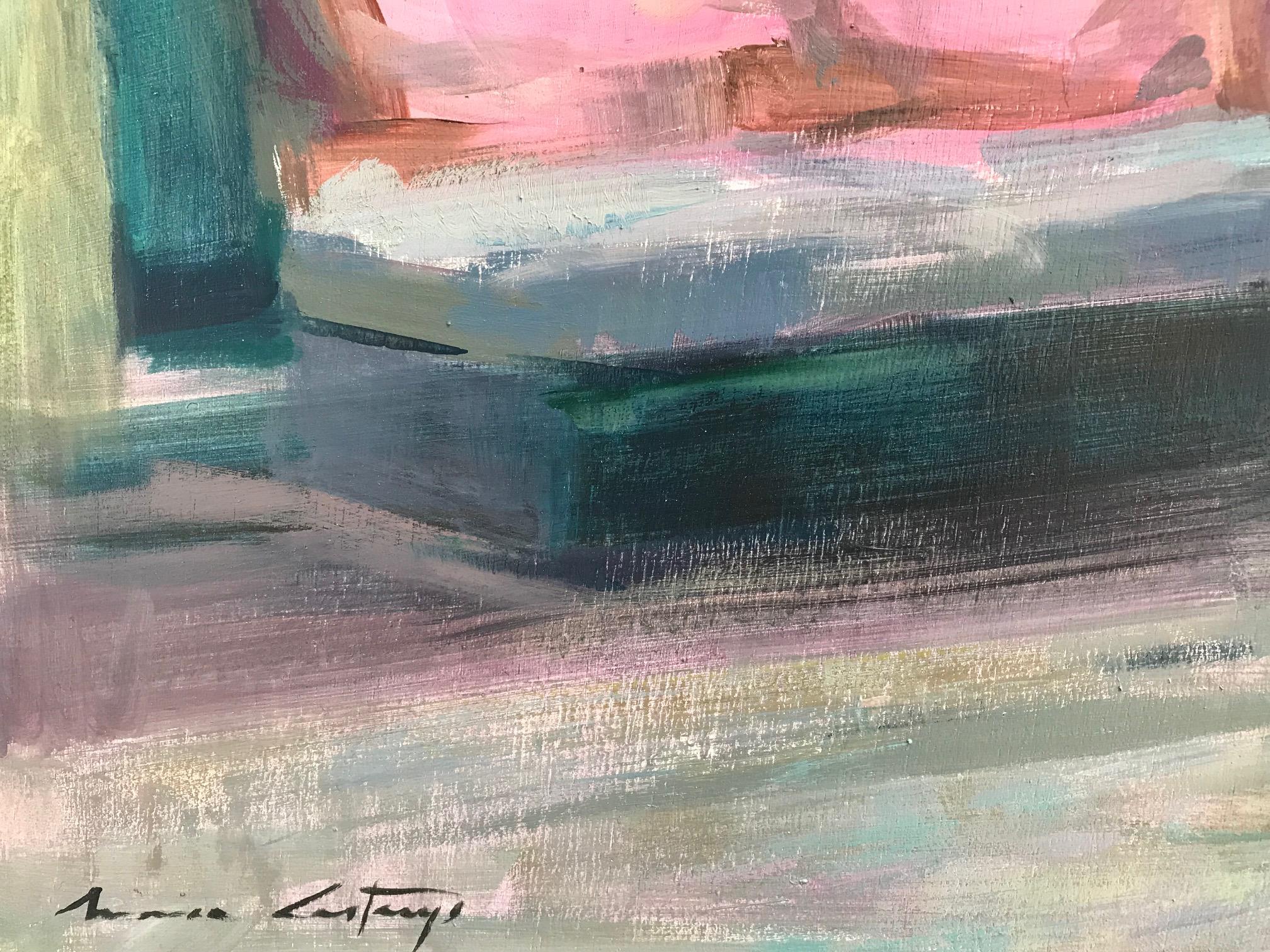 ''Game of Light'' Contemporary Oil Painting of a Girl on a Terrace in the Sun 3