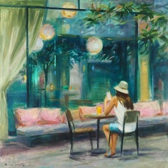 ''Game of Light'' Contemporary Oil Painting of a Girl on a Terrace in the Sun