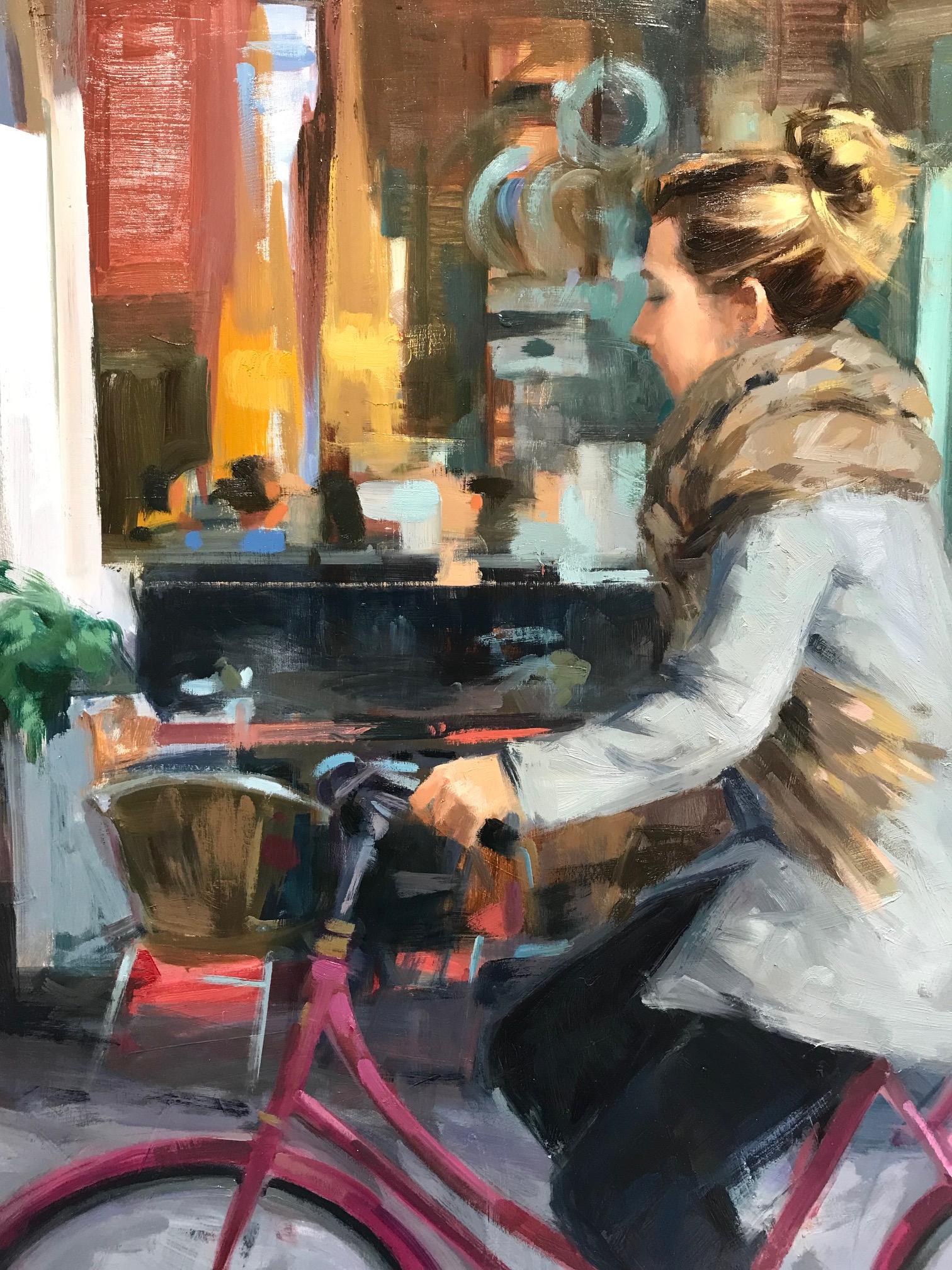 ''I'm on my Way'' Contemporary Oil Painting of a Girl on a Pink Bike For Sale 1