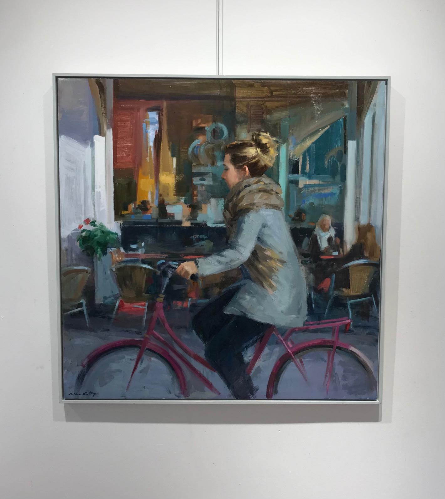 ''I'm on my Way'' Peinture à l'huile contemporaine d'une fille sur un vélo rose en vente 2