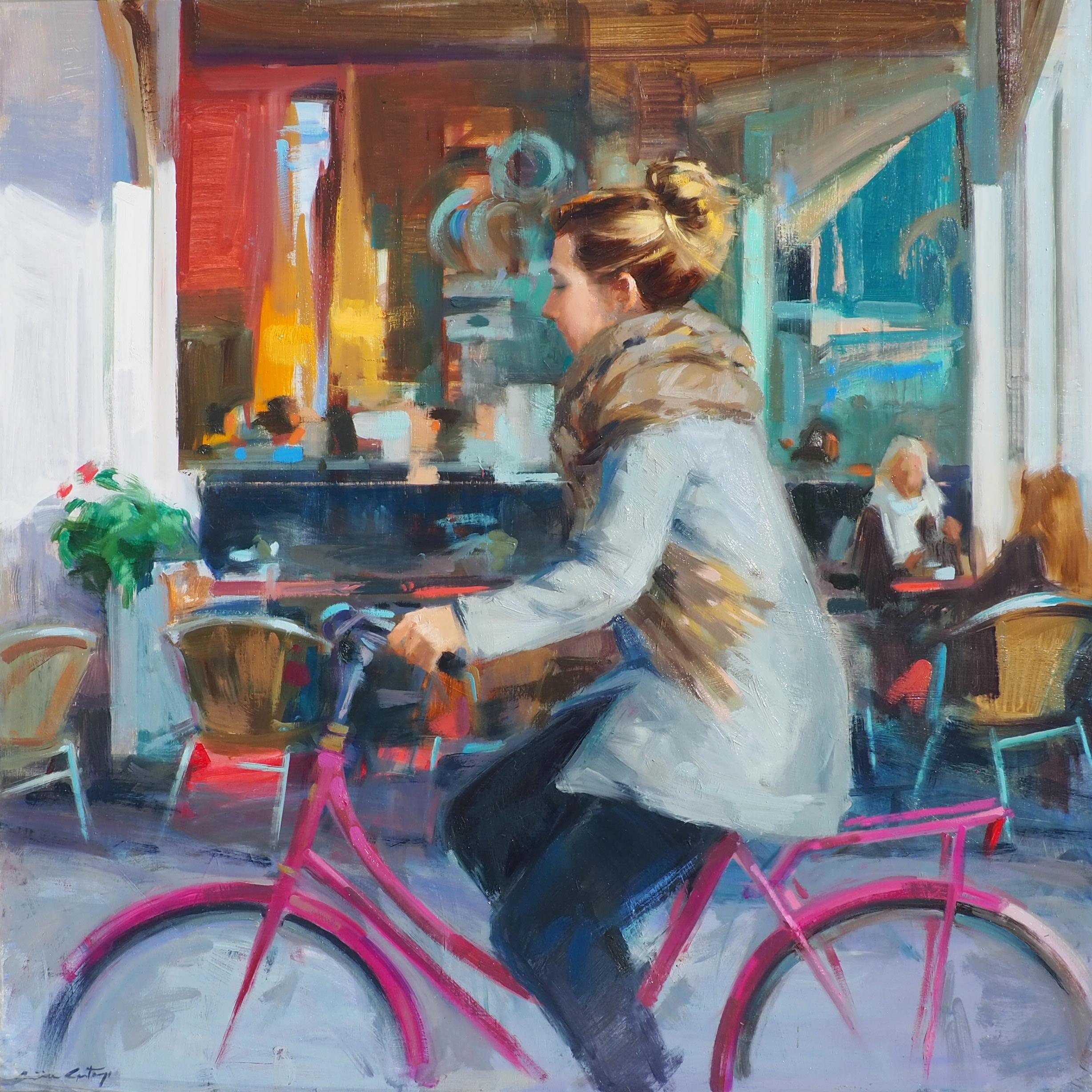 Figurative Painting Mónica Castanys - ''I'm on my Way'' Peinture à l'huile contemporaine d'une fille sur un vélo rose