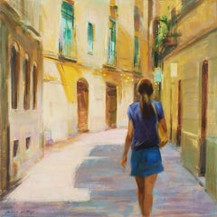 ''Morning in Barcelona'' Contemporary Oil Painting of a Girl in Barcelona, Spain