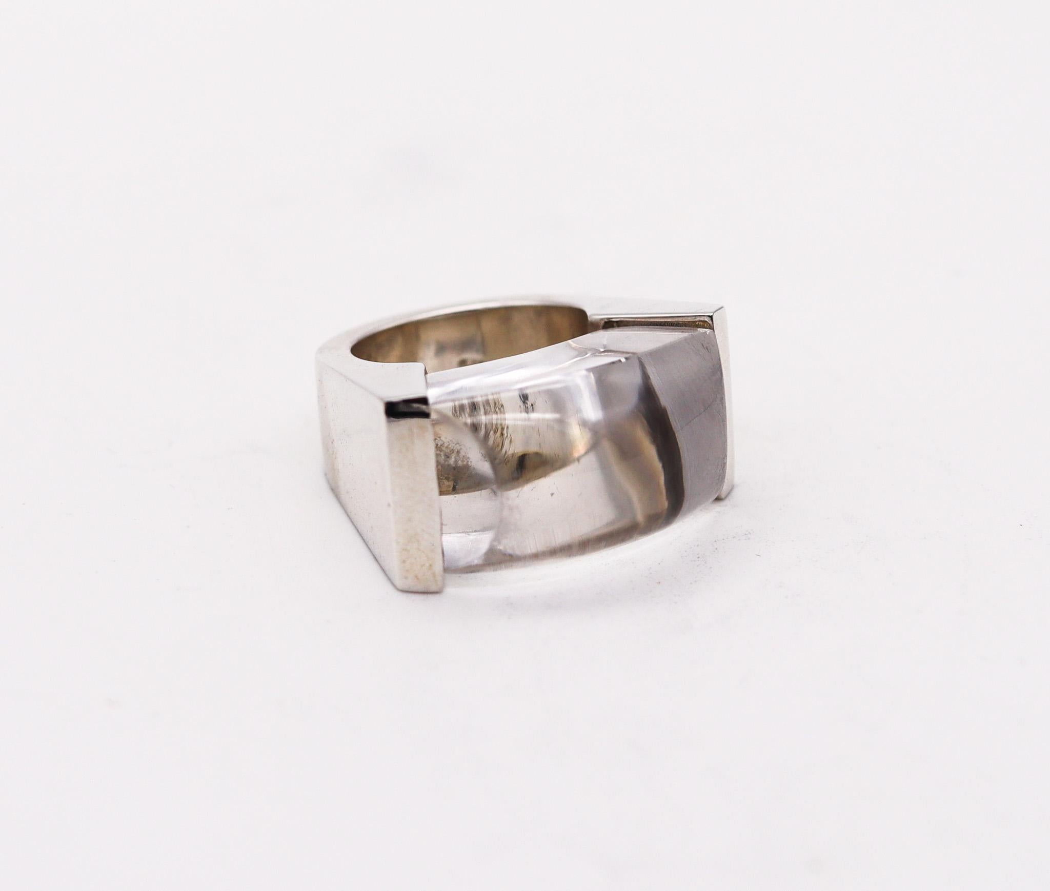 Geometric ring with quartz designed by Monica Coscioni. 

Beautiful contemporary cocktail ring, created in the city of Orvieto Italy at the jewelry atelier of the designer Monica Coscioni. This modern geometric piece has been crafted in solid
