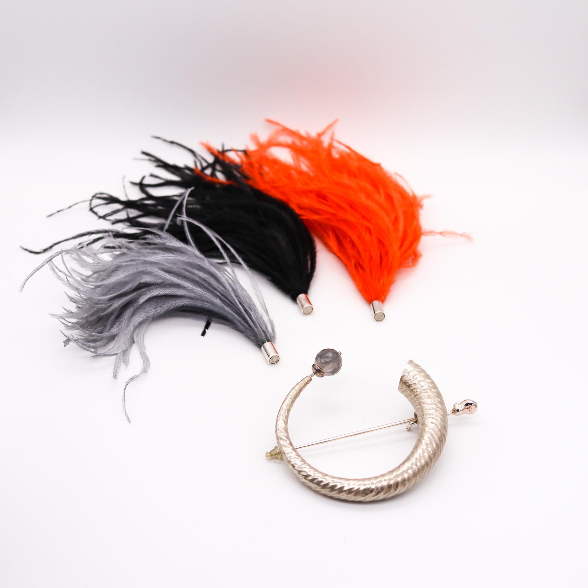Etruscan Revival Monica Coscioni Roma Convertible Feathers Brooch In Solid .925 Sterling Silver