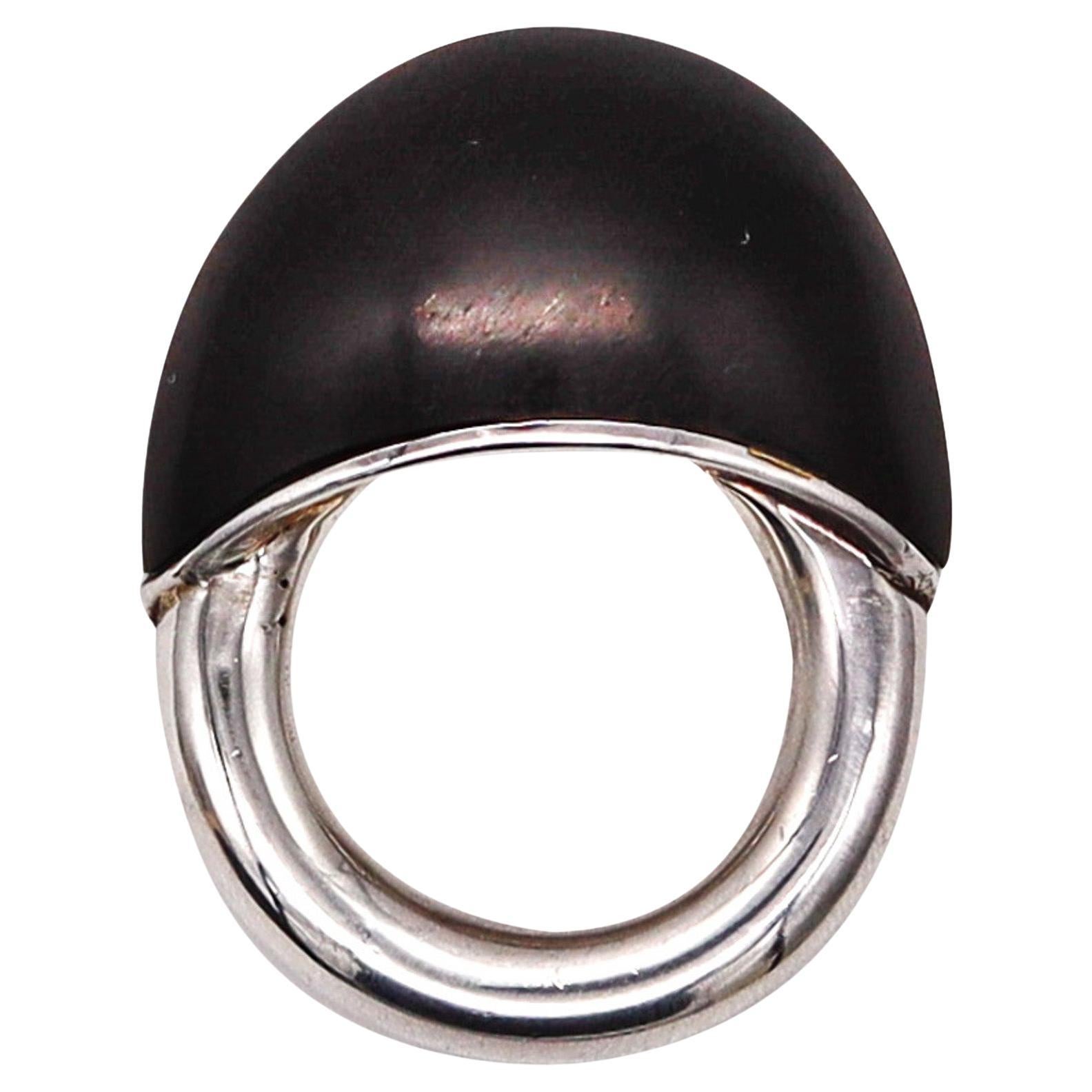 Monica Coscioni Roma Modernist Ebony Wood Ring in .925 Sterling Silver For Sale