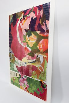 "Un viaje en autobús por el bosque-Etapa 6", surrealista, botánico, magenta, verde, collage