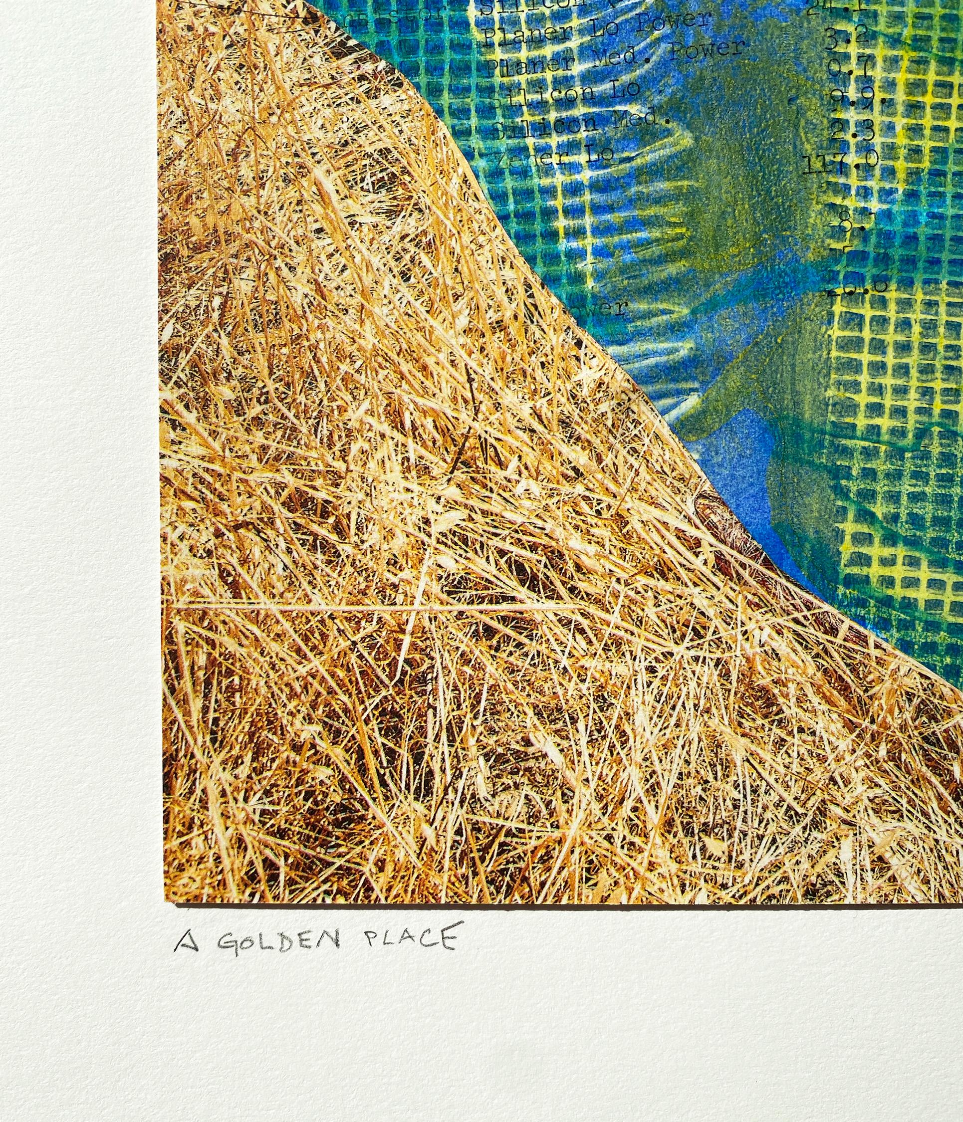 Monica DeSalvo’s “A Golden Place” is a 16 x 12 inch abstract minimalist collage on paper with a golden wheat field, a bold graphic shape containing bright blue and green impressions of frayed burlap printed on a vintage xerox, an inverted black