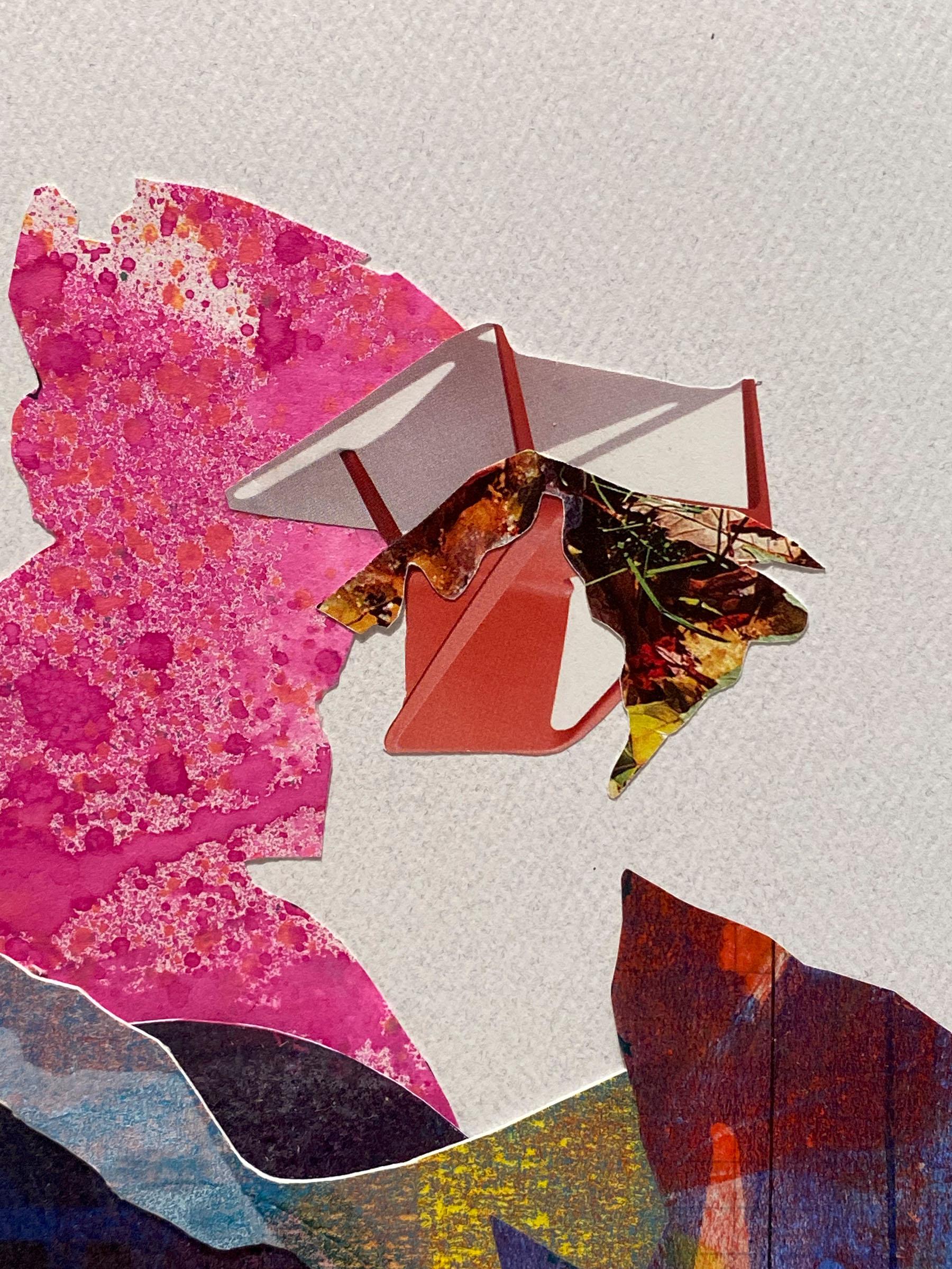 Monica DeSalvo’s “Acceleration” is an 11 x 11 inch abstract collage with irregular edges on flecked felt paper. Bold negative spaces fortify a layered structure with pink, red, dark purple, and blue monotype fragments, botanical elements, and