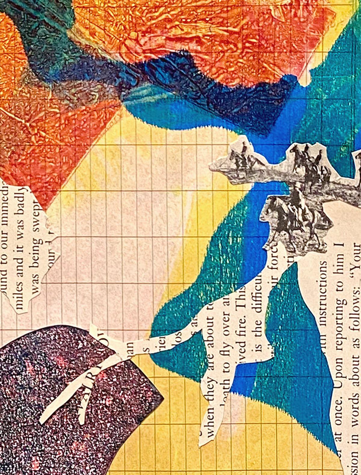Monica DeSalvo’s “Aerial Ferry” is a 16 x 12 inch mixed media abstract collage on 1950s graph and ledger papers. Bits of text from a vintage cavalry book overlaps fragments of acrylic monotypes with textured botanical forms in bright orange, yellow,