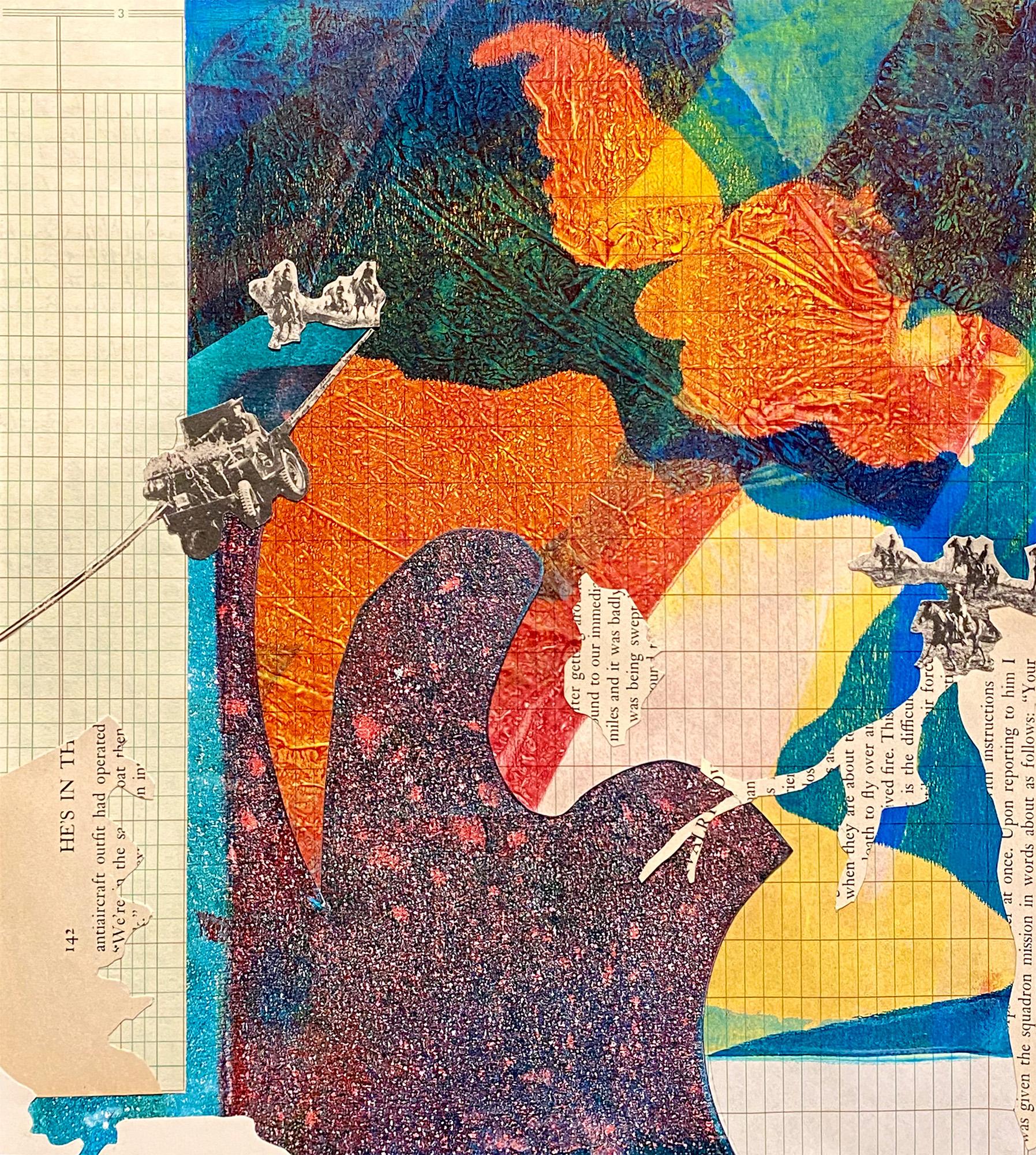 "Aerial Ferry", abstract, collage, monotypes, orange, yellow, blue, mixed media