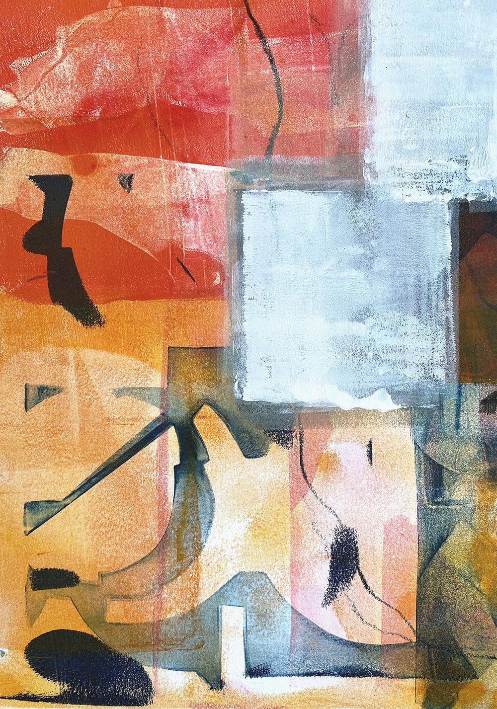 Monica DeSalvo’s “Build. Repair. Adjust.” is a 30 x 22 inch abstract graffiti-like acrylic “print” painting on paper. Bold curved shapes inspired by a Bauhaus teapot are stamped over blocks of indigo blue, yellow, ochre, pink, shades of white, and a
