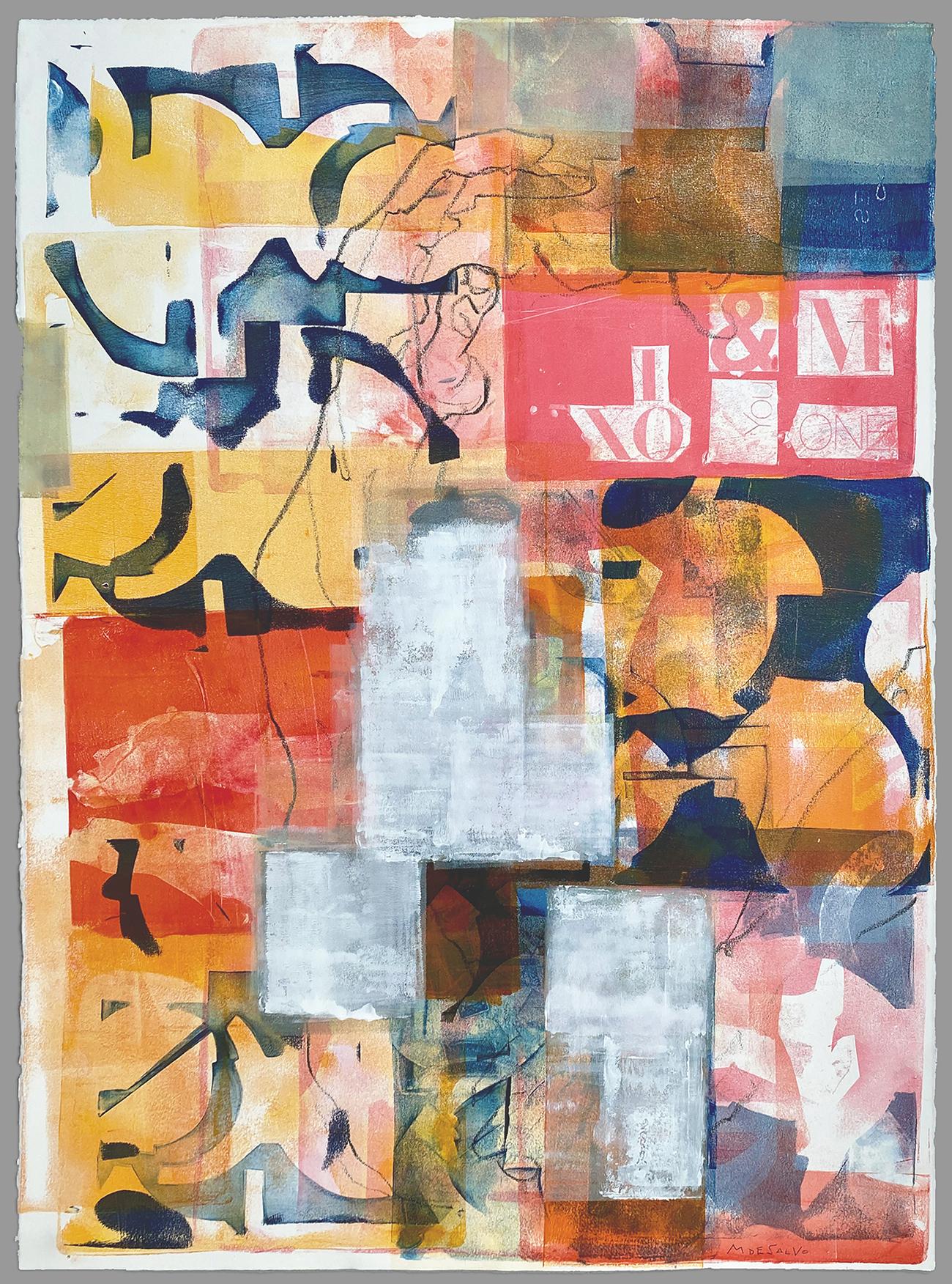 "Build. Repair. Adjust.", abstract, graffiti, blue, yellow, pink, white, acrylic - Mixed Media Art by Monica DeSalvo