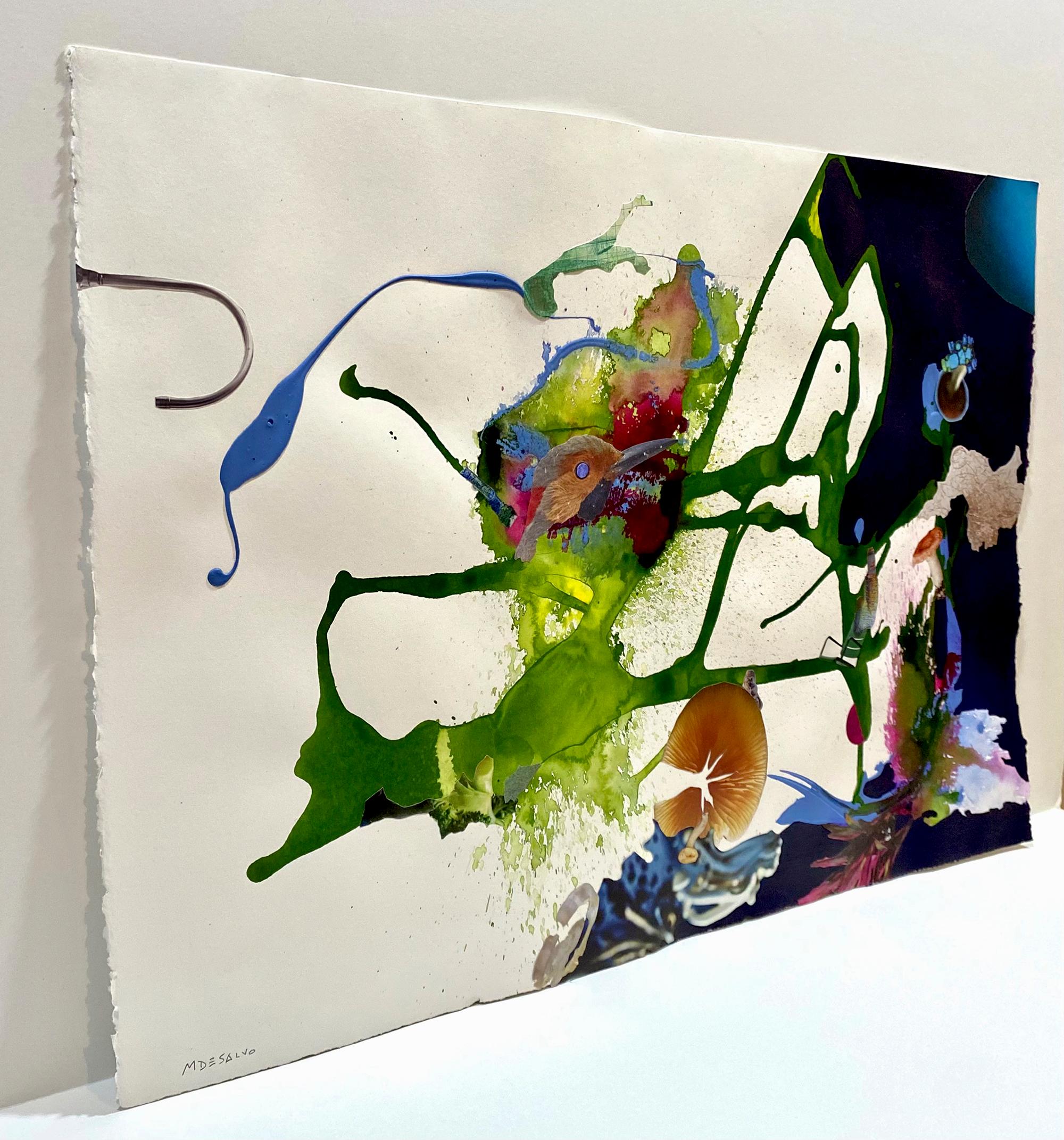 Monica DeSalvo’s “Cochlear Cornucopia” is a 15 x 22 inch surreal mixed media collage on an abstract acrylic drip painting on printmaking paper with purple, green, pink, blue, and white. On the left, crisp, elongated paint drips give way to