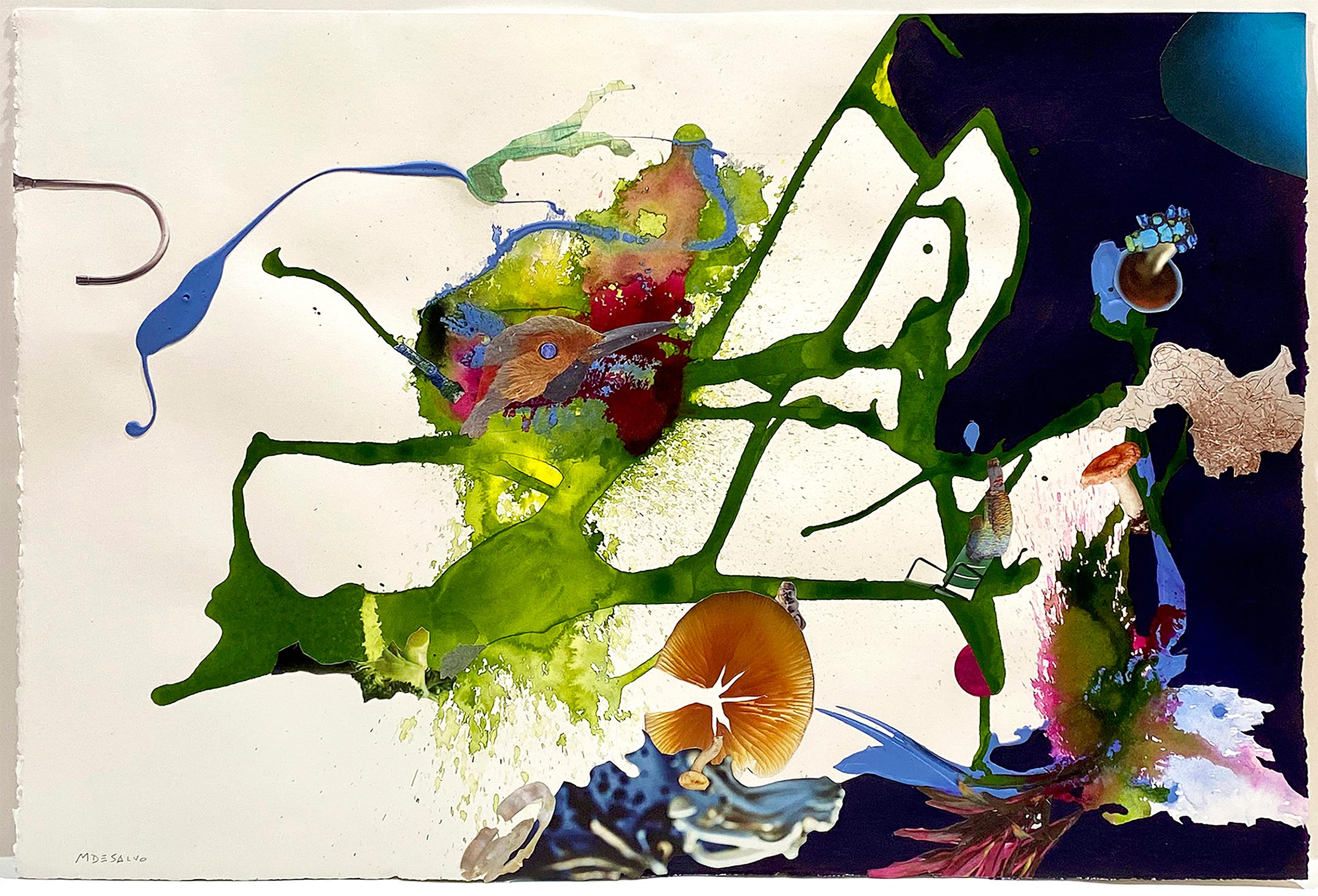 "Cochlear Cornucopia", abstrakt, surreal, grün, lila, Collage, Mischtechnik – Mixed Media Art von Monica DeSalvo
