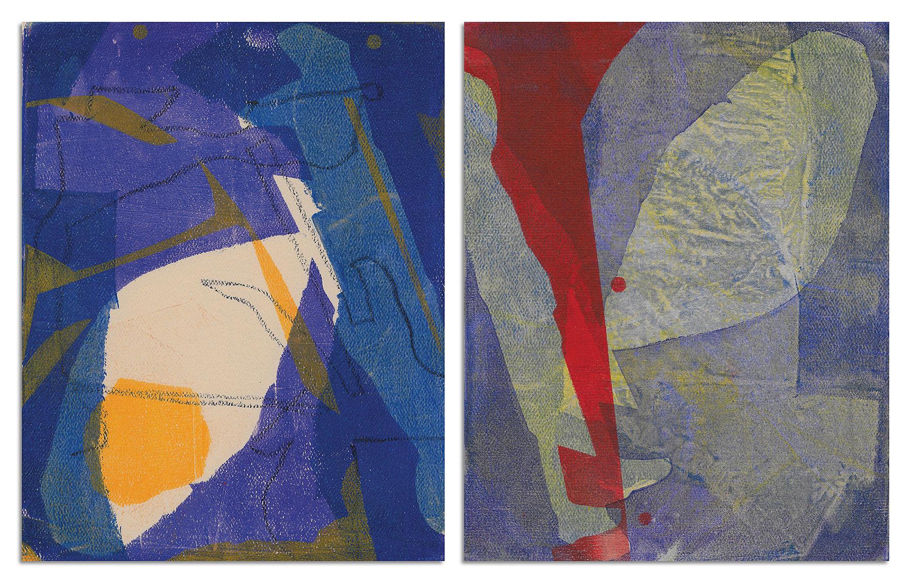 "Erzwungene Dyade", abstrakt, Diptychon, blau, lila, gelb, rot, Acryl, Monotypien