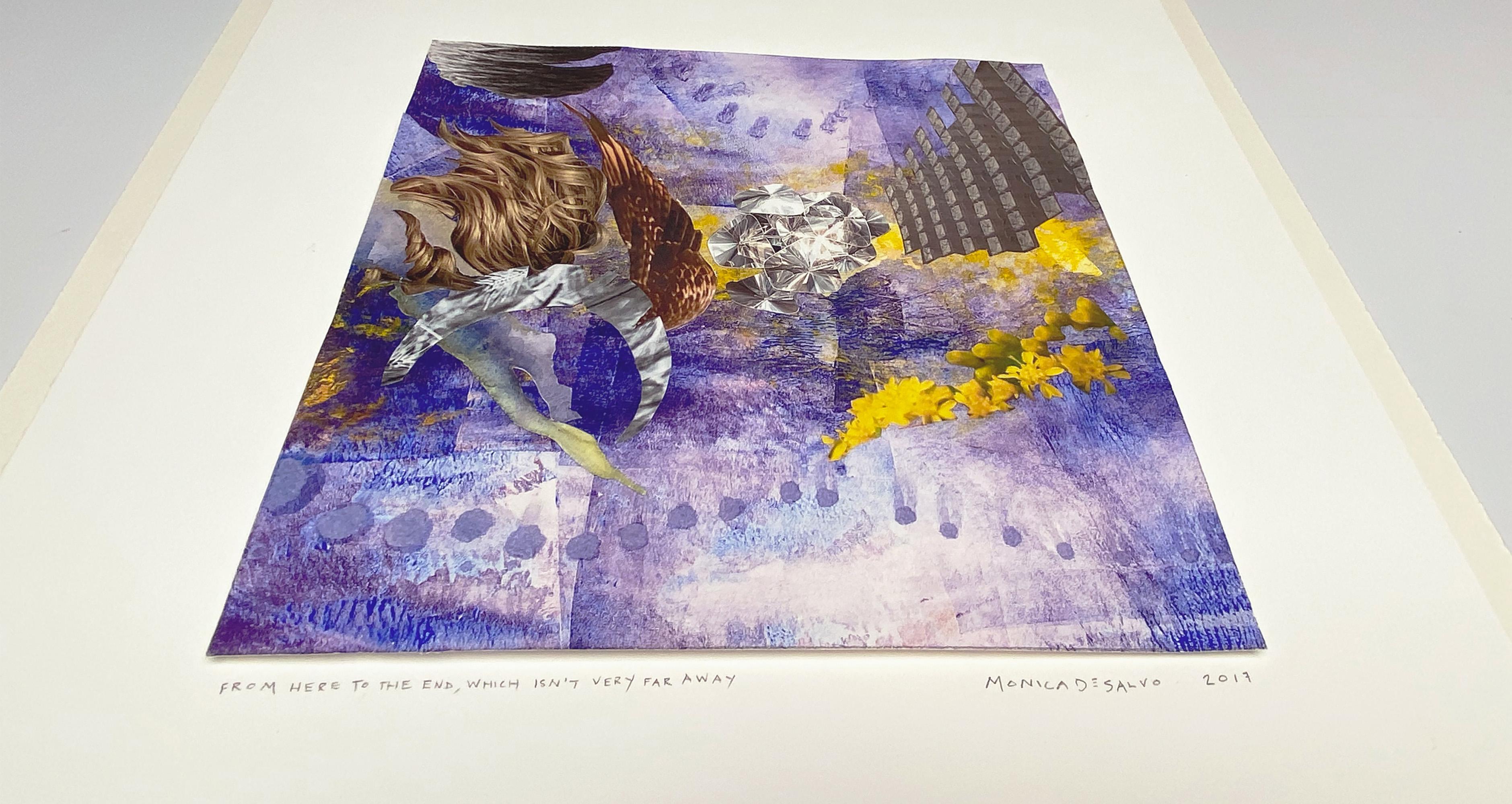 Monica DeSalvo’s “From here to the end, which isn’t very far away” is a 20 x 16 inch surreal collage on an acrylic Gelli plate monotype on paper. Golden hair, a bronze wing, clear gemstones, and yellow flowers blend into an abstract backdrop of