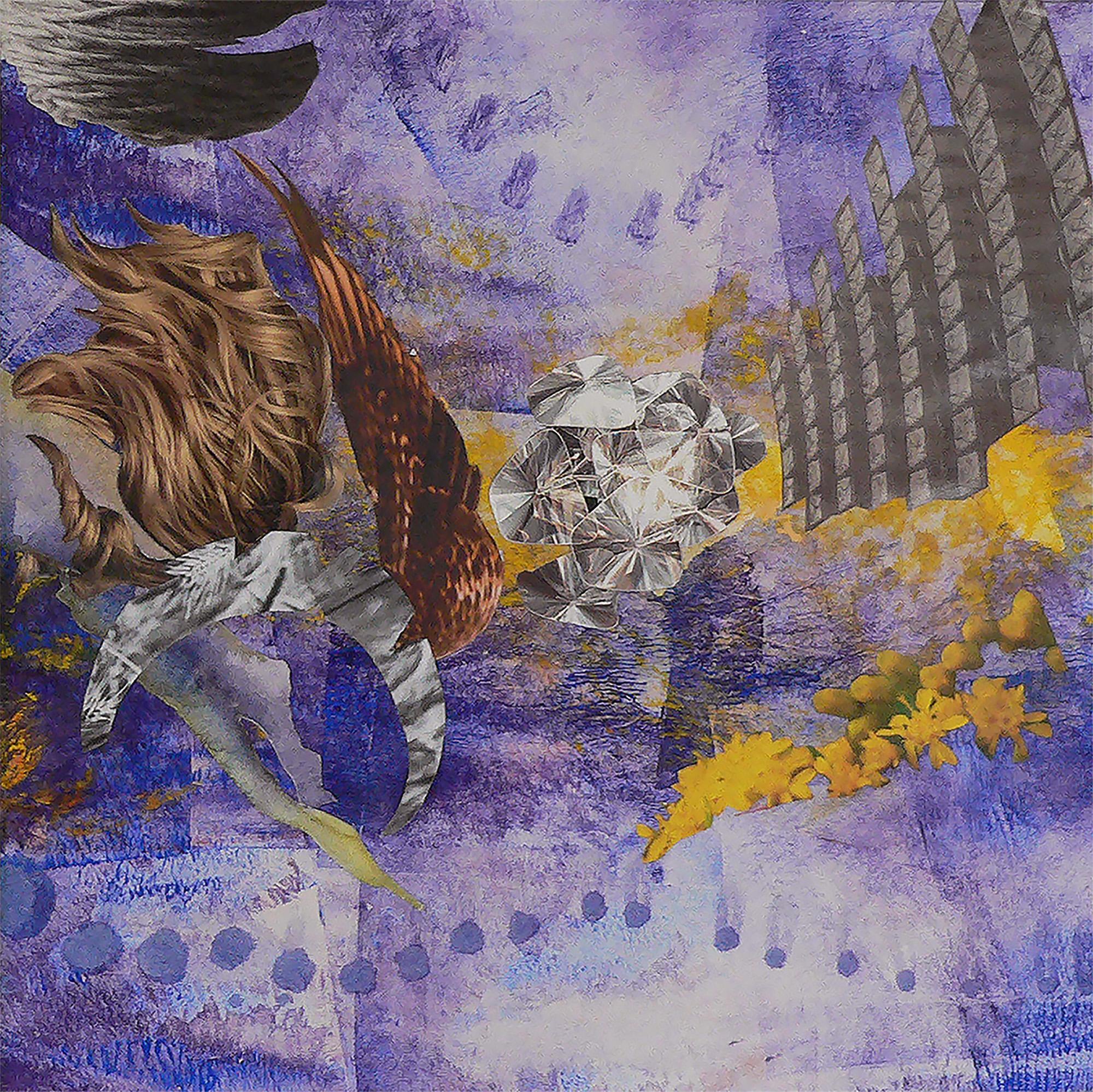 "From Here to the End", surreal, abstract, purple, golden, collage, monotype - Mixed Media Art by Monica DeSalvo