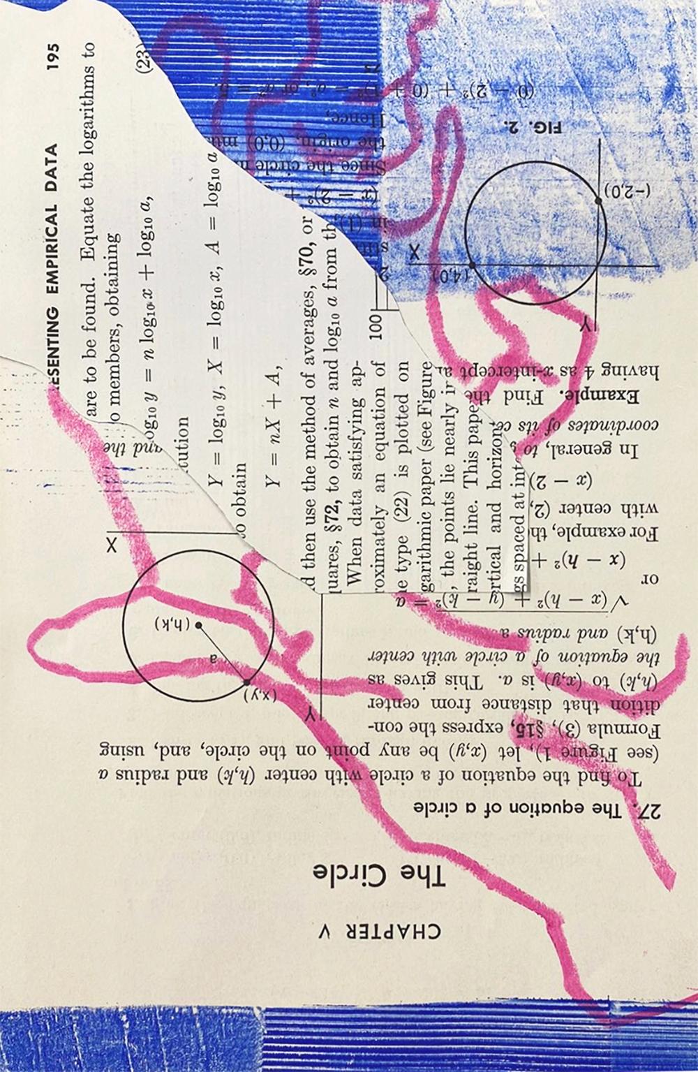 Monica DeSalvo’s “Polar Coordinates” is a 20 x 20 inch set of six abstract minimalist collages using vintage geometry textbook pages arranged in a square grid. Blue, navy, and green linear patterns are printed directly onto the pages with black text
