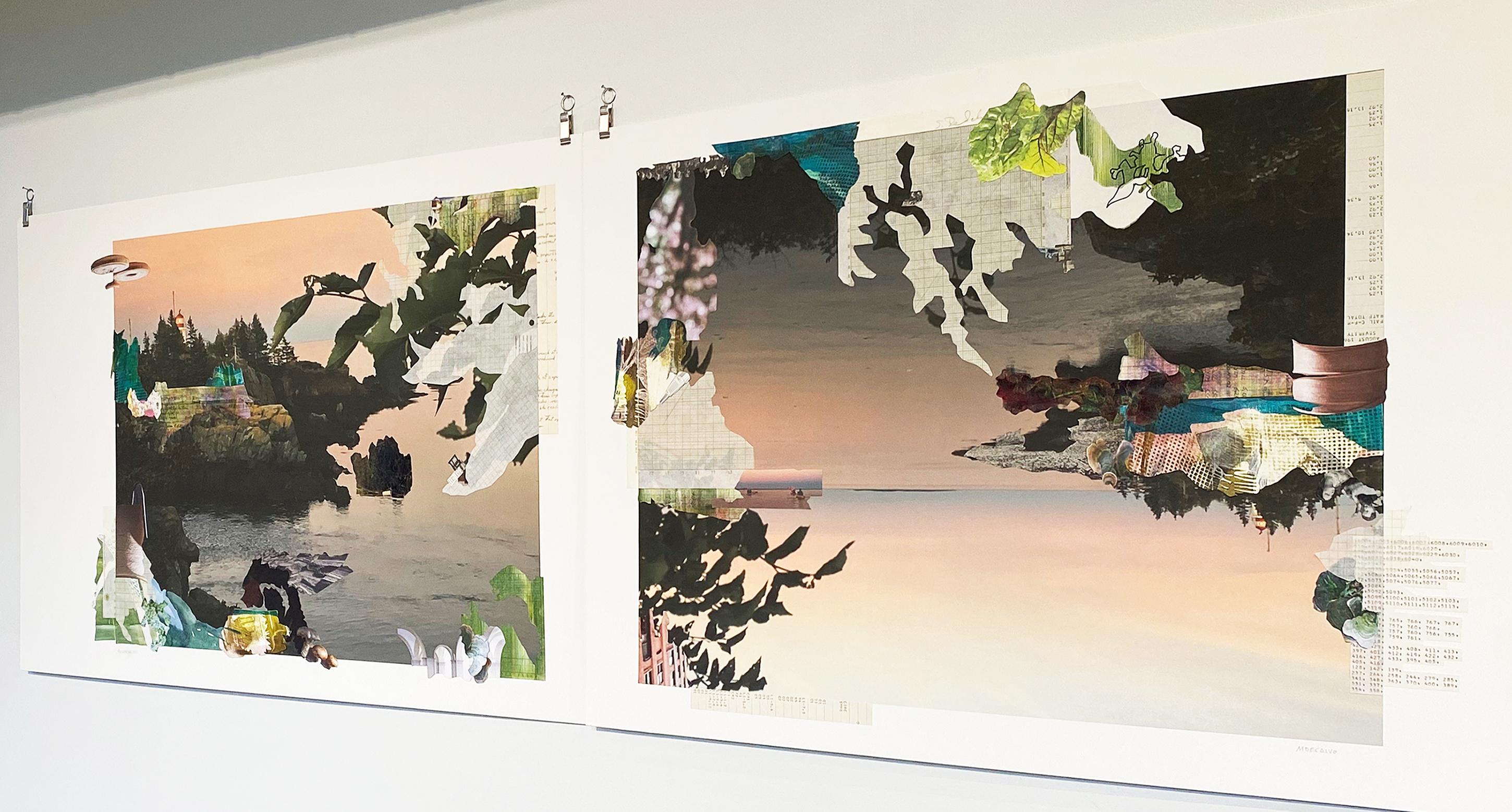 „Preserving Loss“, Diptychon, surreal, Collage, Meeres-, Sonnenuntergang, rosa, orange, grau (Zeitgenössisch), Mixed Media Art, von Monica DeSalvo