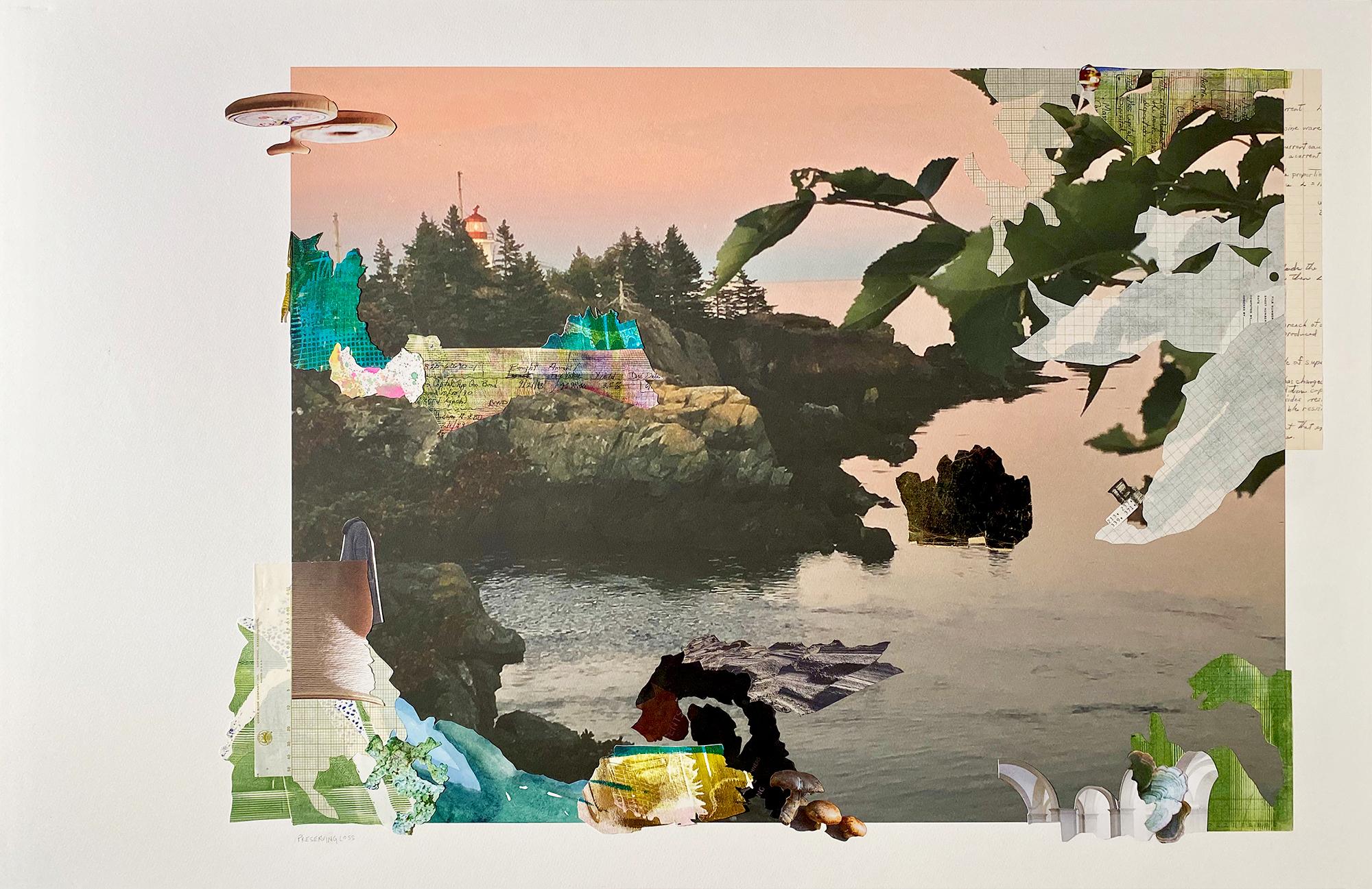 Monica DeSalvo’s “Preserving Loss” is a diptych with two 24 x 36 inch surreal collages on digital photos printed on watercolor paper. A calm ocean at sunset with pink orange skies blend with gray water pooling around black rocky outcroppings and a