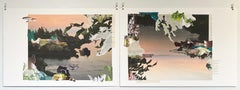 „Preserving Loss“, Diptychon, surreal, Collage, Meeres-, Sonnenuntergang, rosa, orange, grau