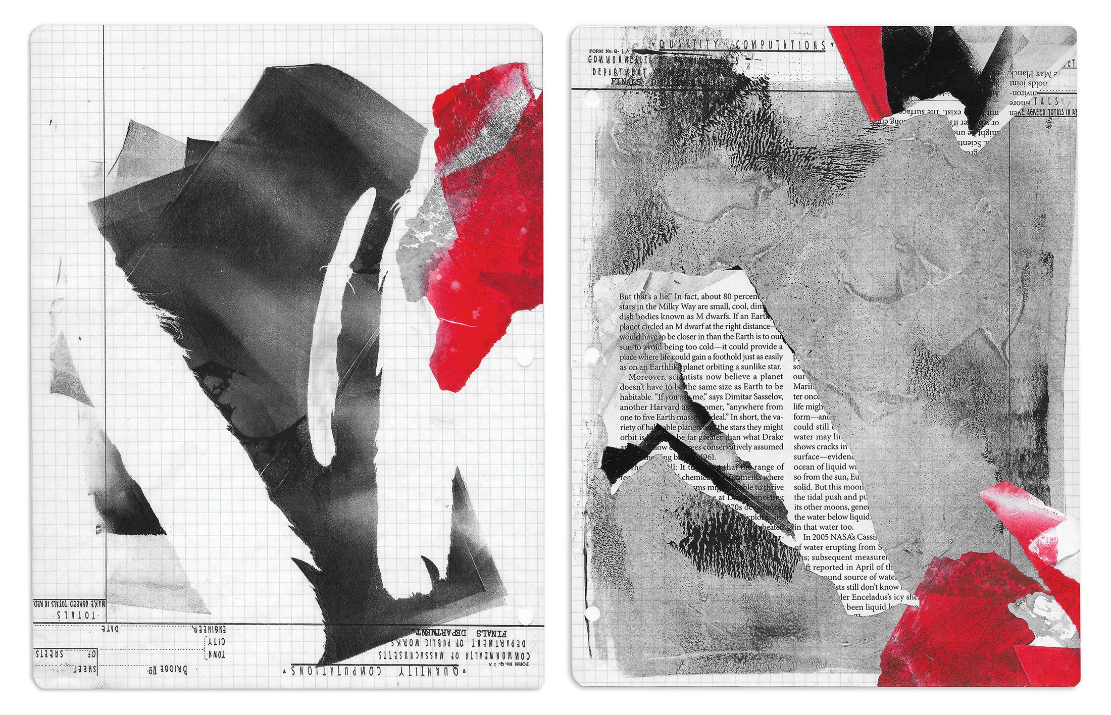"Quality Computations", acrylic, abstract, collage, monotypes, red, black, text - Mixed Media Art by Monica DeSalvo