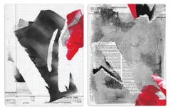 "Quality Computations", acrylic, abstract, collage, monotypes, red, black, text