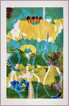 "Columpiándose contra la plomada", Surrealista, Azul, Amarillo, Collage, Monocopias, 2019