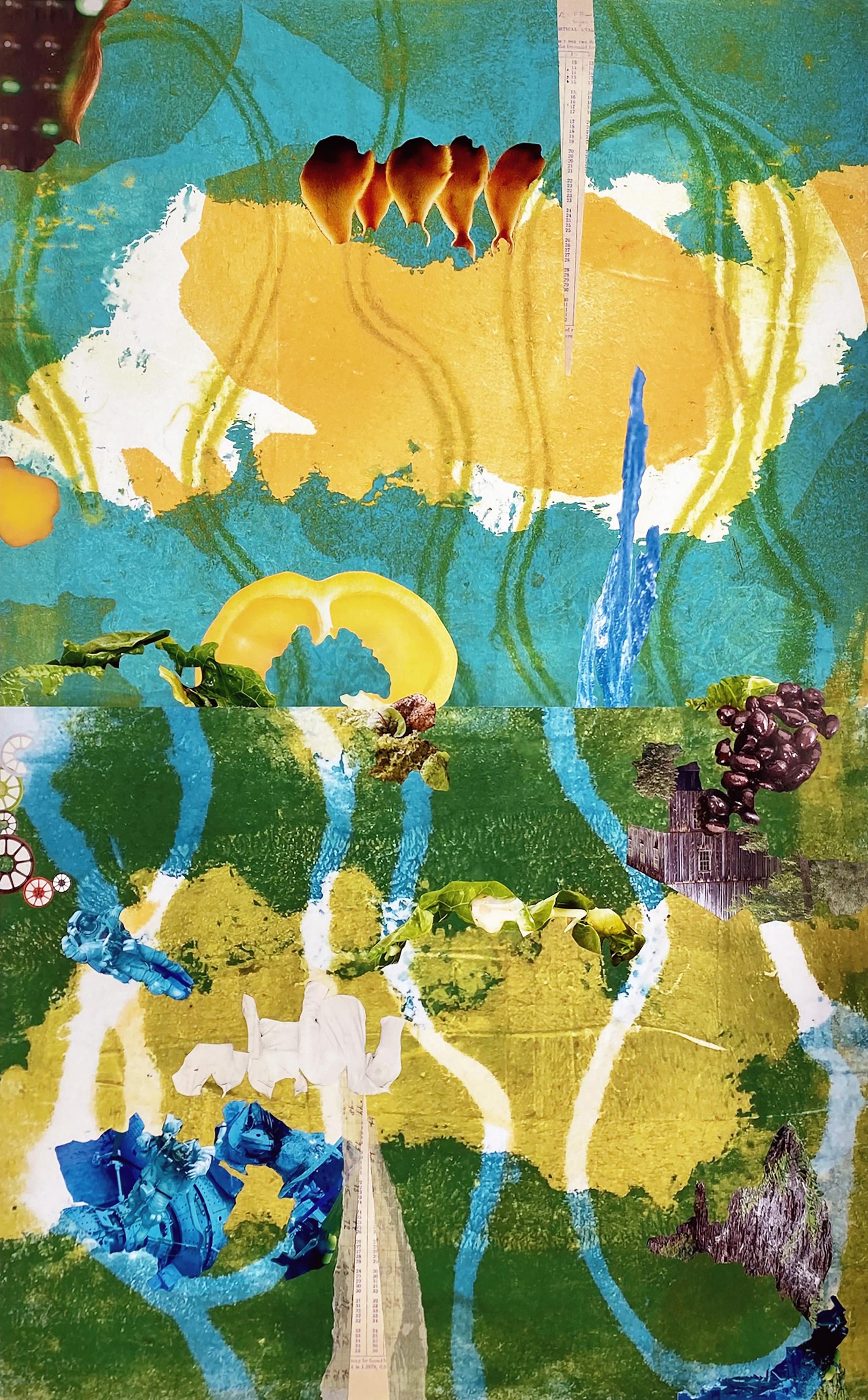 "Swinging against plumb", surreal, blue, yellow, green, collage, monoprints - Mixed Media Art by Monica DeSalvo