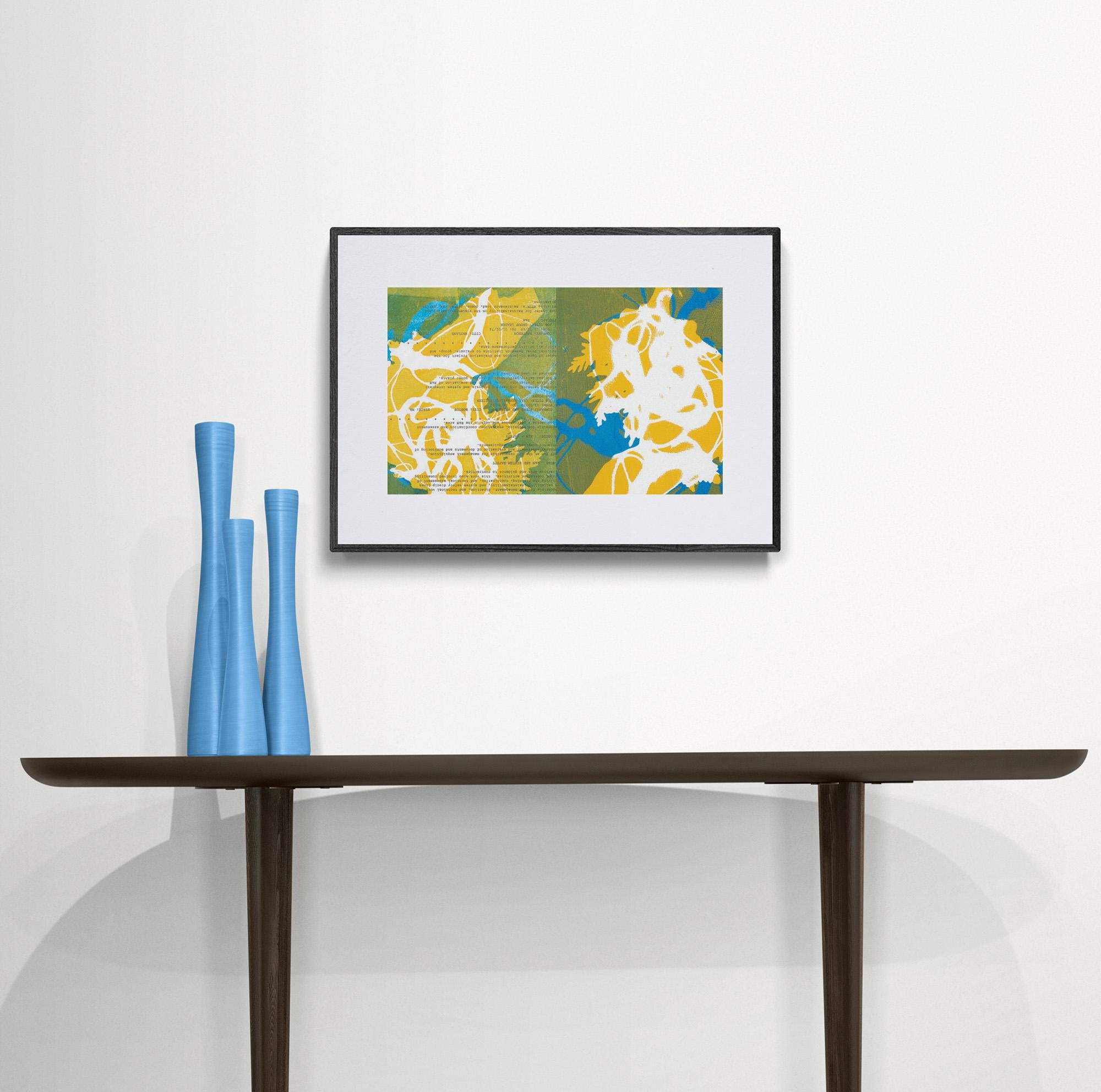 Monica DeSalvo’s “Thar She Blows” merges two acrylic abstract monoprints into a 20 x 16  inch work with a vertical seam. Crisp masses of yellow and olive green with curvy strands of royal blue and white are printed onto a typewritten report with