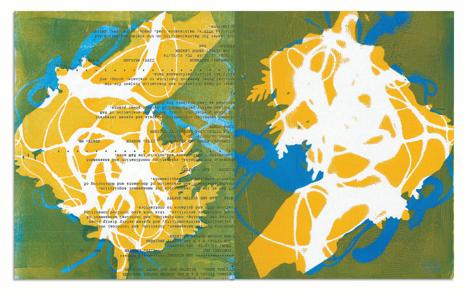 "Thar She Blows", abstrakt, gelb, oliv, blau, weiß, Acryl, Monoprints