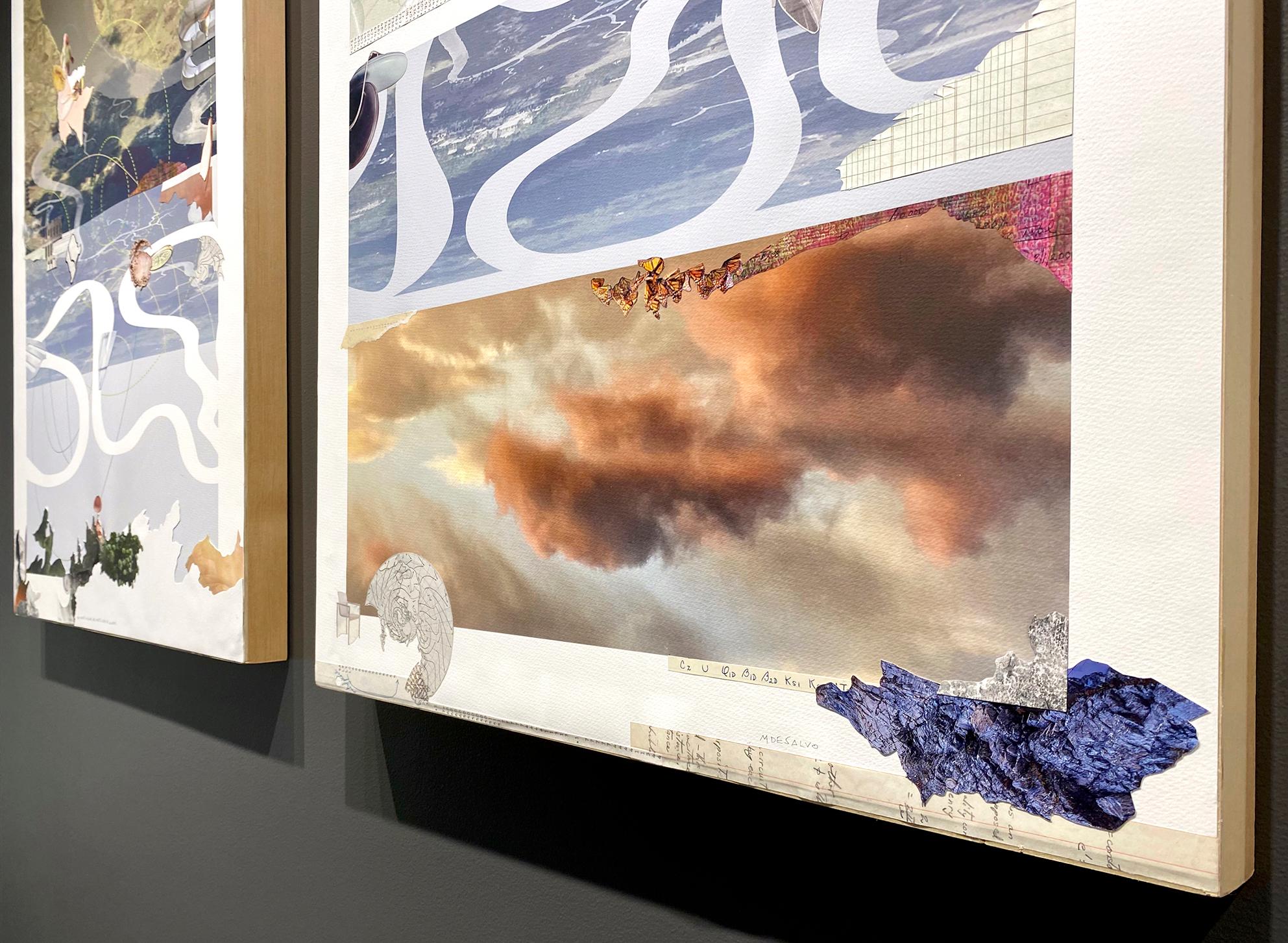 Monica DeSalvo’s “The house is gone—all that’s left is a wish,” is a diptych with two 36 x 24 inch surreal collages over digital montages first printed onto watercolor paper. Aerial photos of winding blue rivers, expansive earth-toned landscapes,