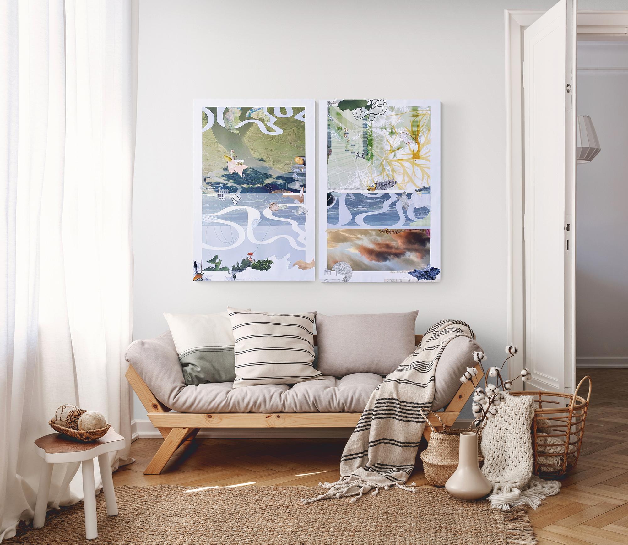 « The House is gone », diptyque, surréaliste, collage, paysages, bleu, techniques mixtes 5
