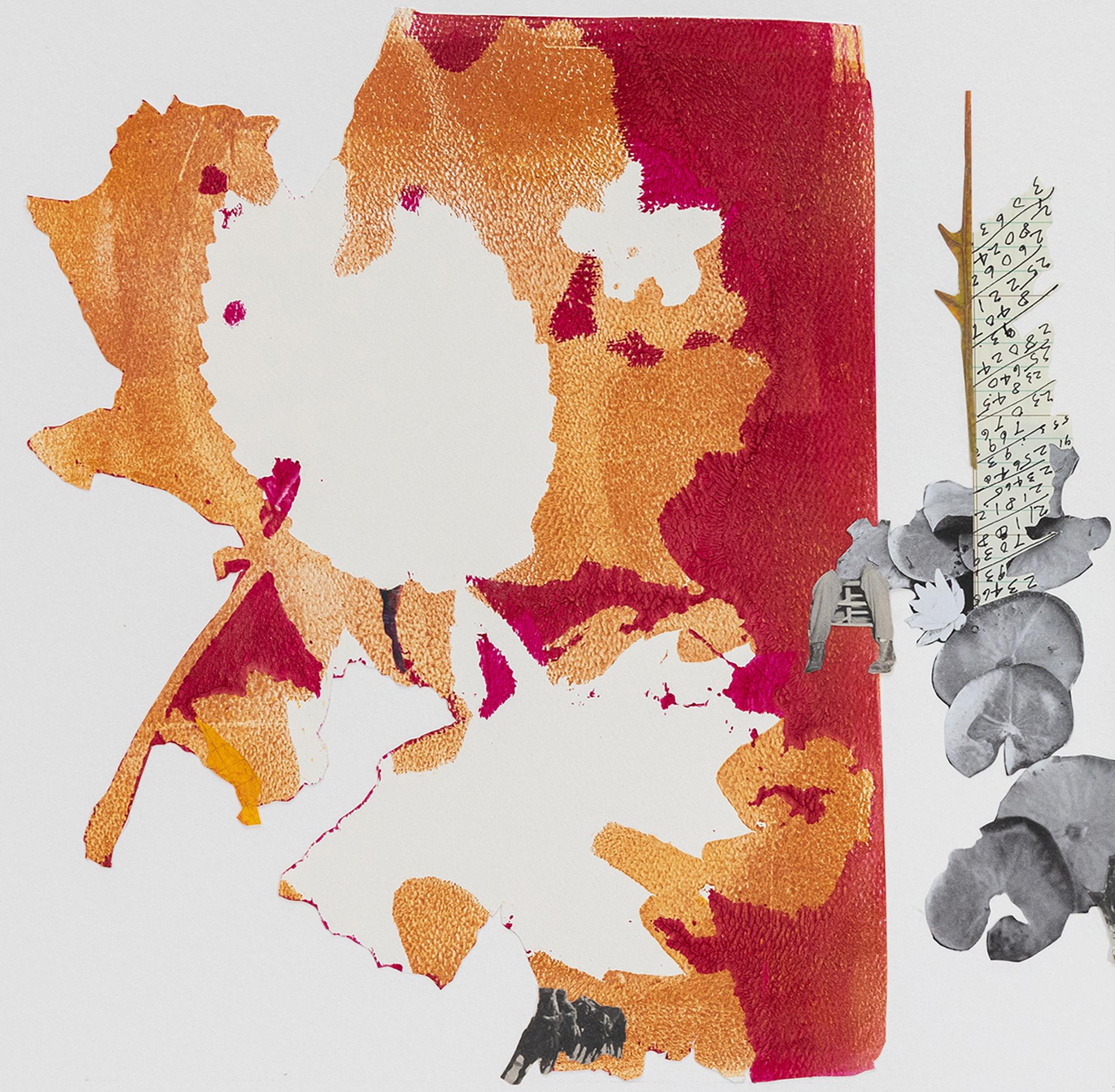 Monica DeSalvo’s “Where are the Pants” is an 18 x 24 inch surreal mixed media collage comprised of a red and orange acrylic monotype on felt textured paper with cut-out leaf forms, and an abstract collage on cream ledger paper with black distressed