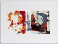 "Threshold", surreal, red, orange, leaf, writing, mixed media, collage