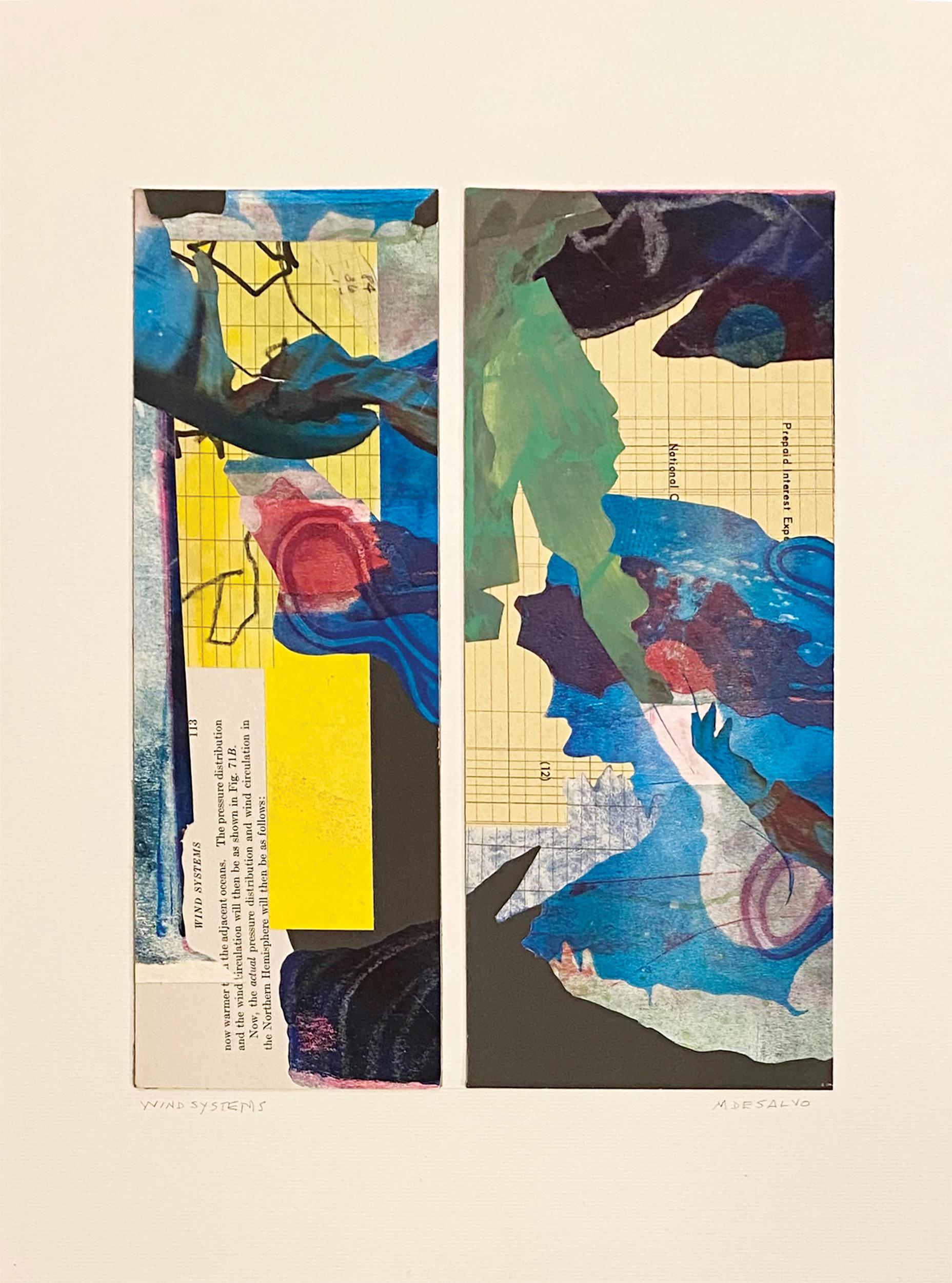 «Wind Systems », abstrait, jaune, bleu, vert, gris, diptyque, collage, monotype - Abstrait Mixed Media Art par Monica DeSalvo