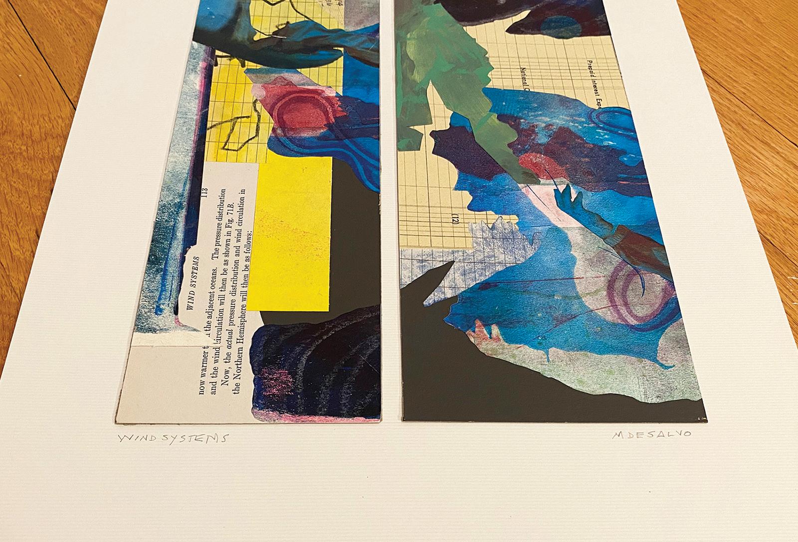 «Wind Systems », abstrait, jaune, bleu, vert, gris, diptyque, collage, monotype en vente 2