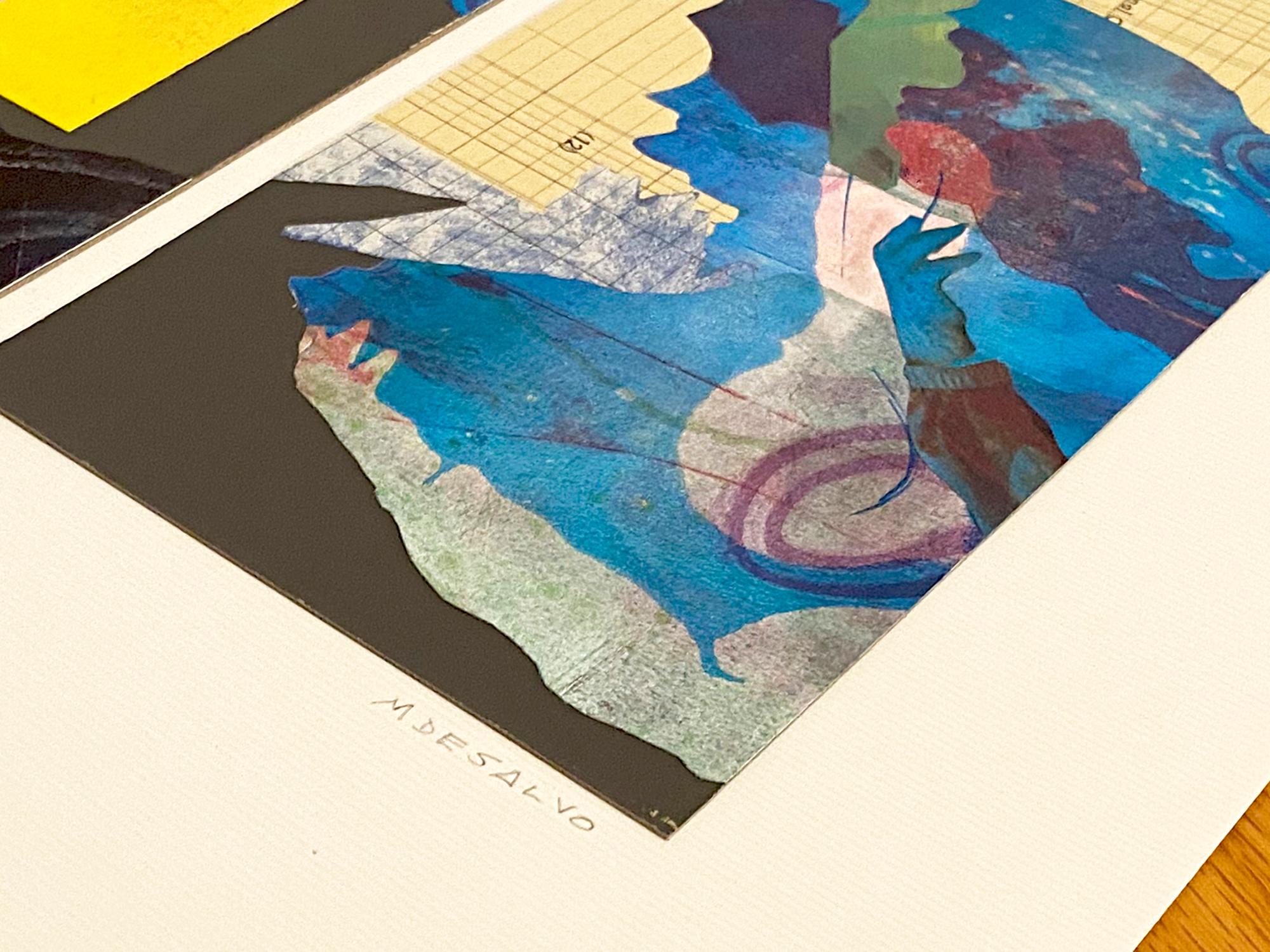 «Wind Systems », abstrait, jaune, bleu, vert, gris, diptyque, collage, monotype en vente 3