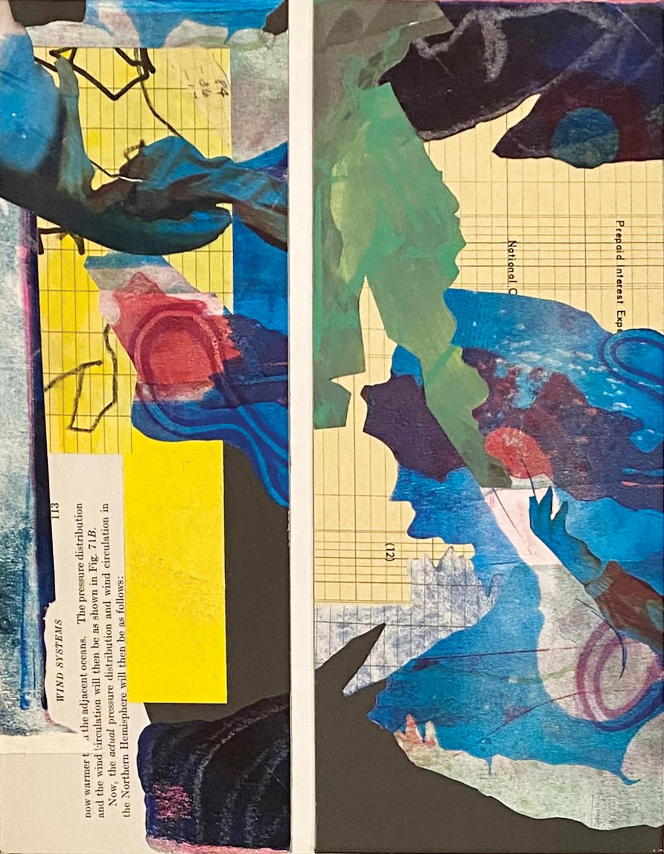 "Wind Systems", abstract, yellow, blue, green, gray, diptych, collage, monotype