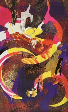 "Lucidity", surreal, yellow, pink, red, monotype, collage, mixed media