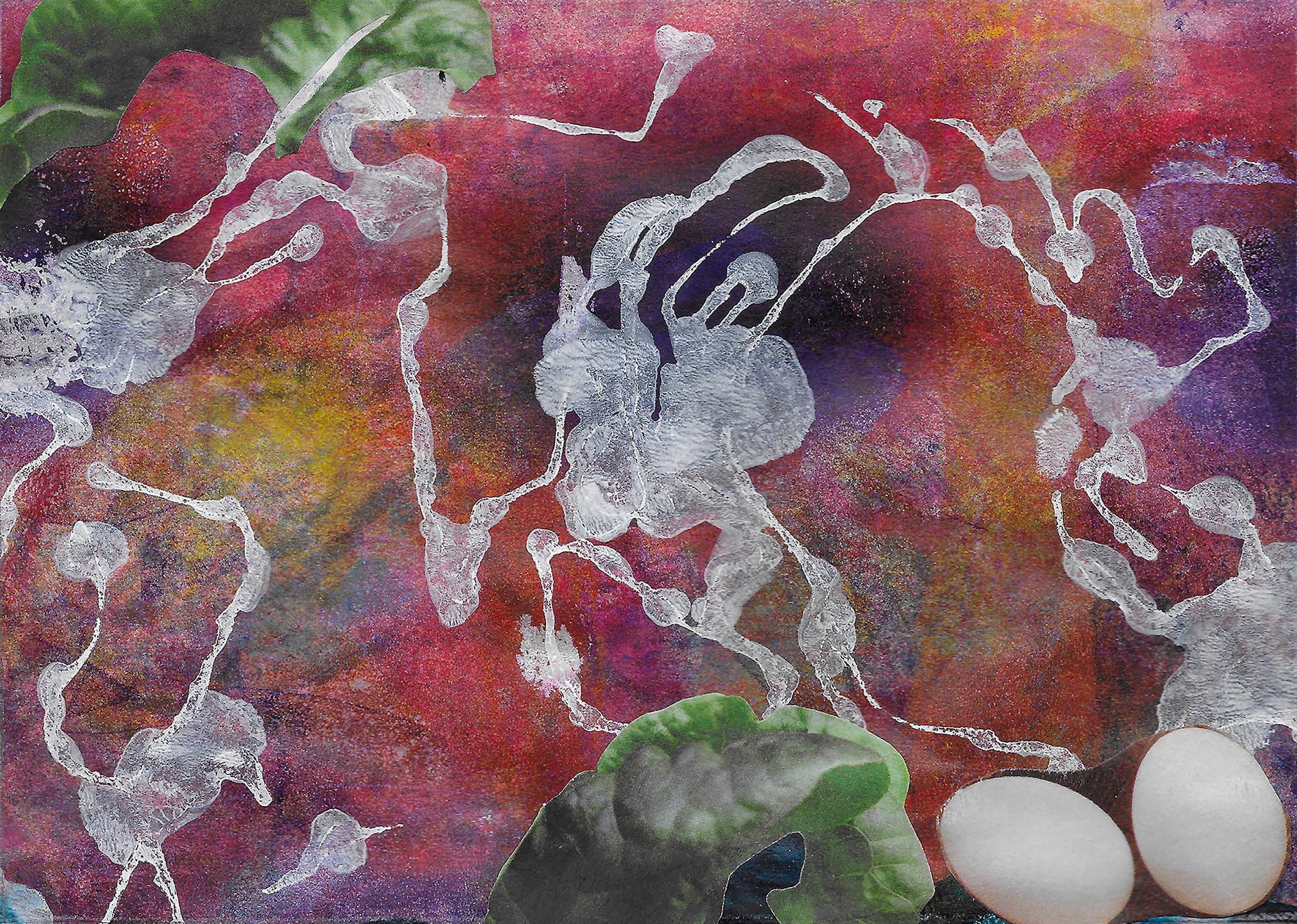 Monica DeSalvo’s “Zigzag” is a diptych with two 4.25 x 6 inch stacked abstract collages on paper. Green lettuce, ivory and tan eggs, and whimsical white markings dance over blurred fields of red, maroon, and magenta created with a Gelli plate. The